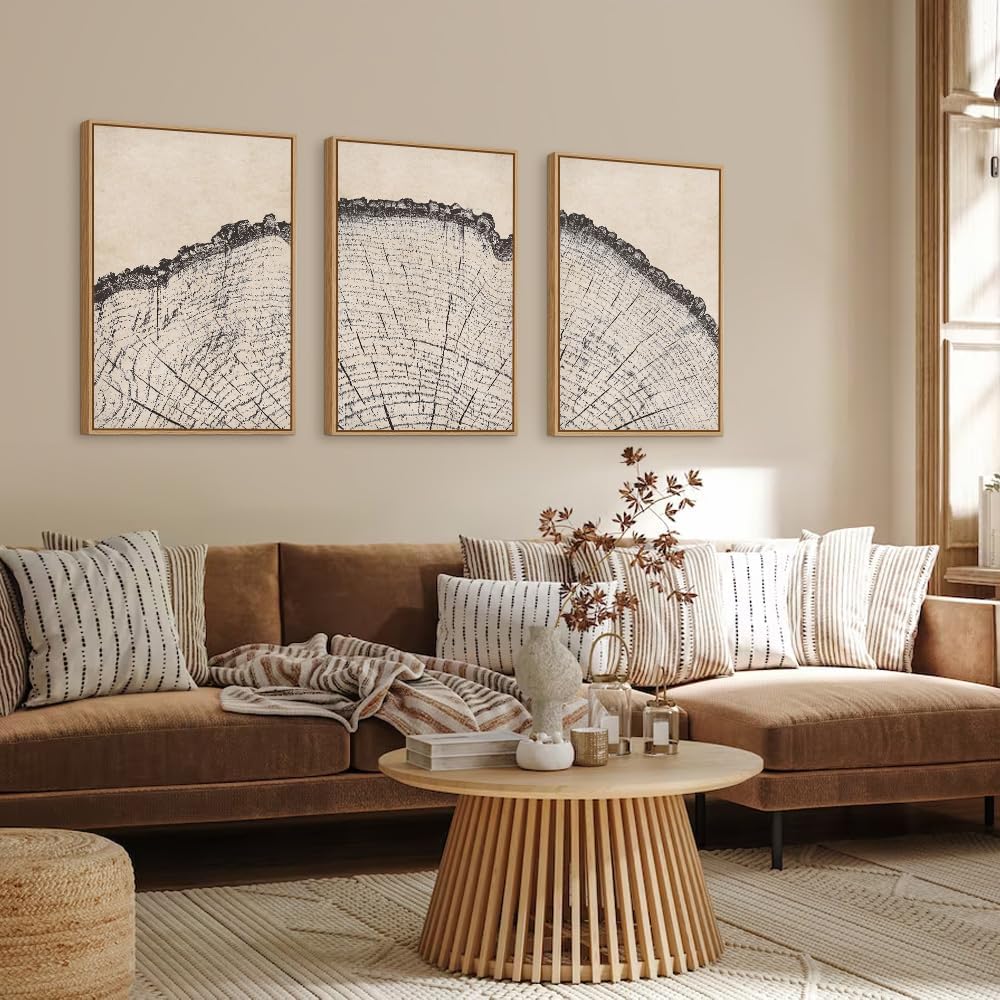 HPINUB Vintage Wood Tree Rings Wall Art Set, Framed Canvas Paintings, Black and White Nature-Inspired Decorative for Modern Home Decor for Living Room, Bedroom, Dining Room, Office- 24"x36"x3