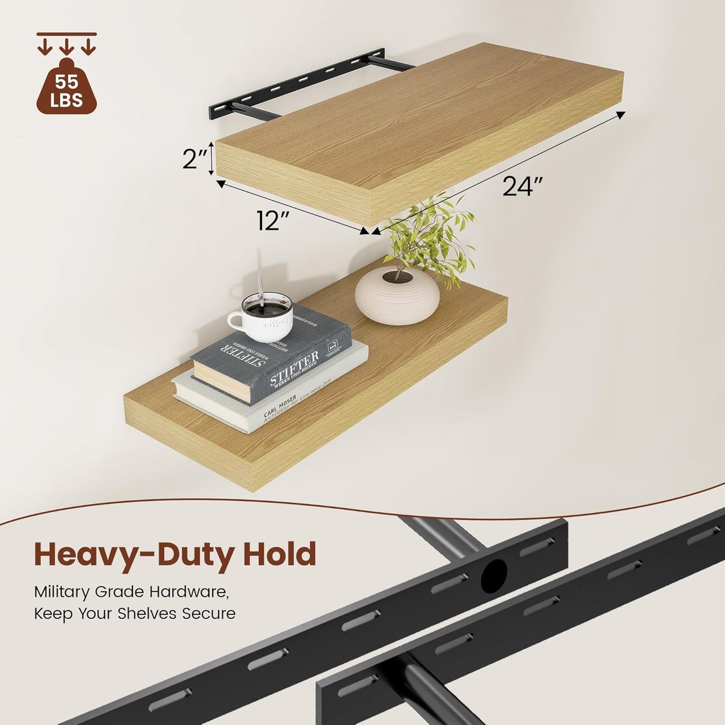 12 Inch Deep Floating Shelves 24 inch Long, 24 x 12 Wide Wall Shelves with Invisible Brackets, Heavy Duty Shelf for Bedroom Bathroom Living Room Kitchen Office Home Decor, Modern Shelf Set of 2, Oak