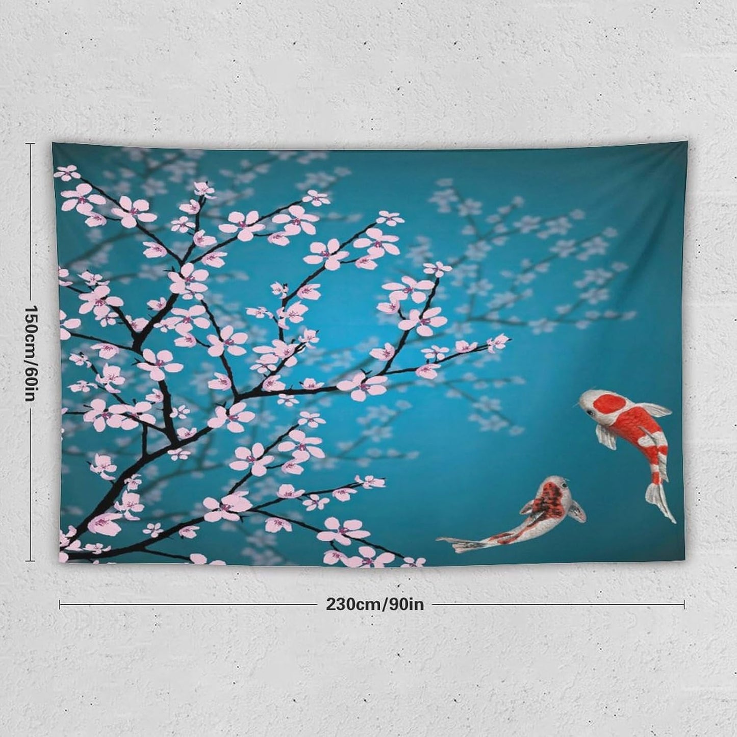 Houselerax Japanese Koi Fish Tapestry, Cherry Blossoms Asian Oriental Green Teal Flower Branch Koi Fish Carp Tapestries Wall Hanging for Bedroom Living Room Office Decor 90"x60"