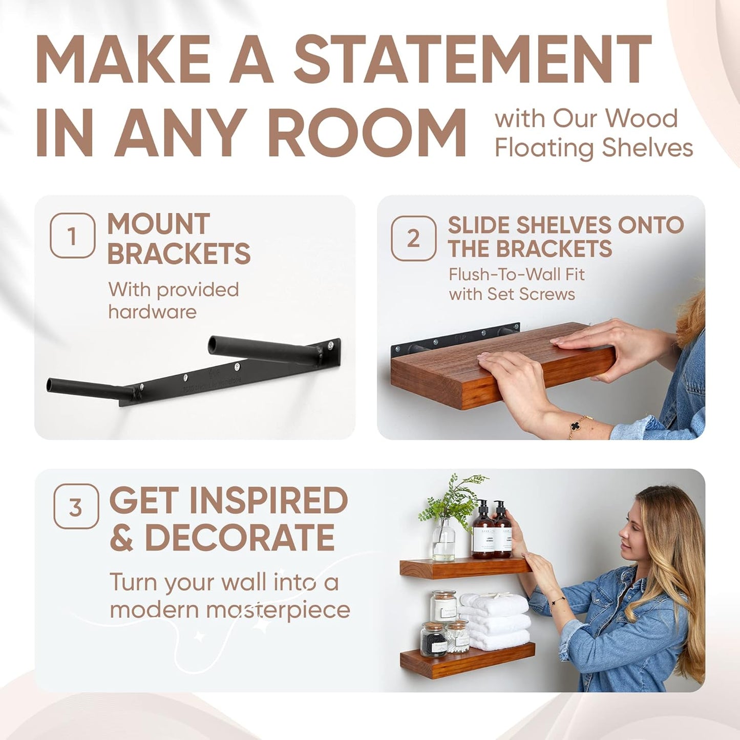 Homeforia 16 inch Oak Floating Shelf, High End Solid Real Wood 16inch Small Floating Shelves for Wall Mounted, Honey Oak Wooden 16in Floating Shelves, Heavy Duty Bracket, 16 X 6.5 X 1.75 in, Set of 2