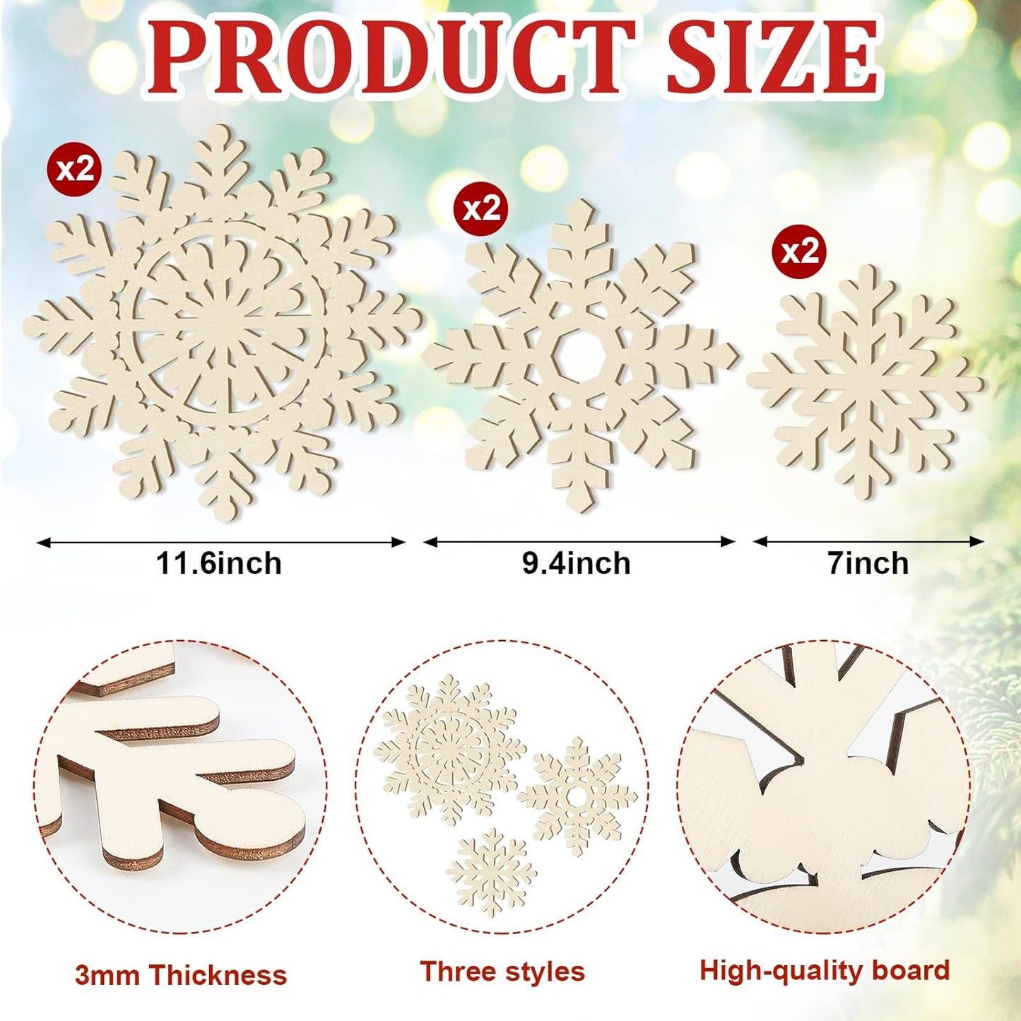 Hollow Wooden Snowflake Ornaments for Paint Christmas Decorations Cutouts Unfinished 6Pack, Wood Snowflakes for Crafts DIY Blank Cutouts Ornament Winter New Year Decorations （3 Styles 3 Size）
