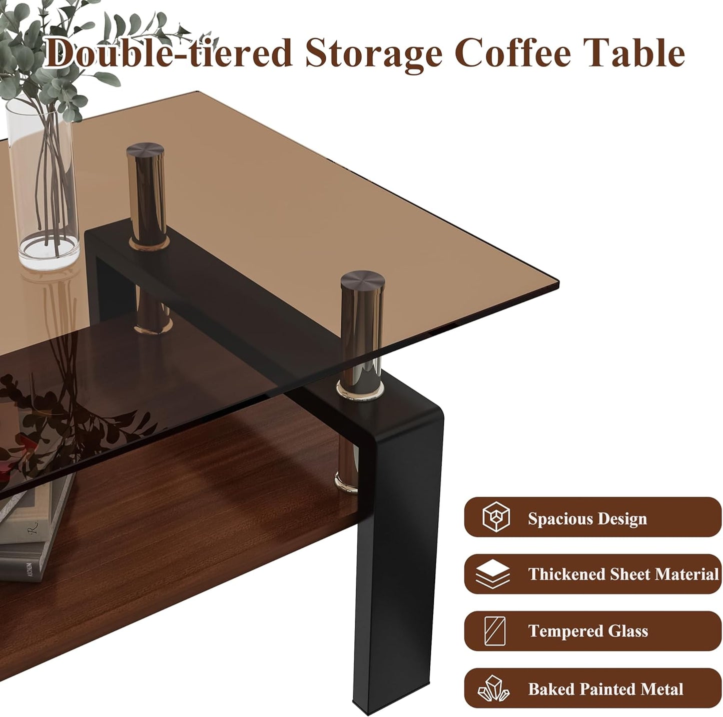 39" Brown Glass Coffee Table Walnut Modern Living Room Center Table Rectangle, with Wooden MDF Storage Layer, Black Metal Leg, for Small Apartment and Office, Brown