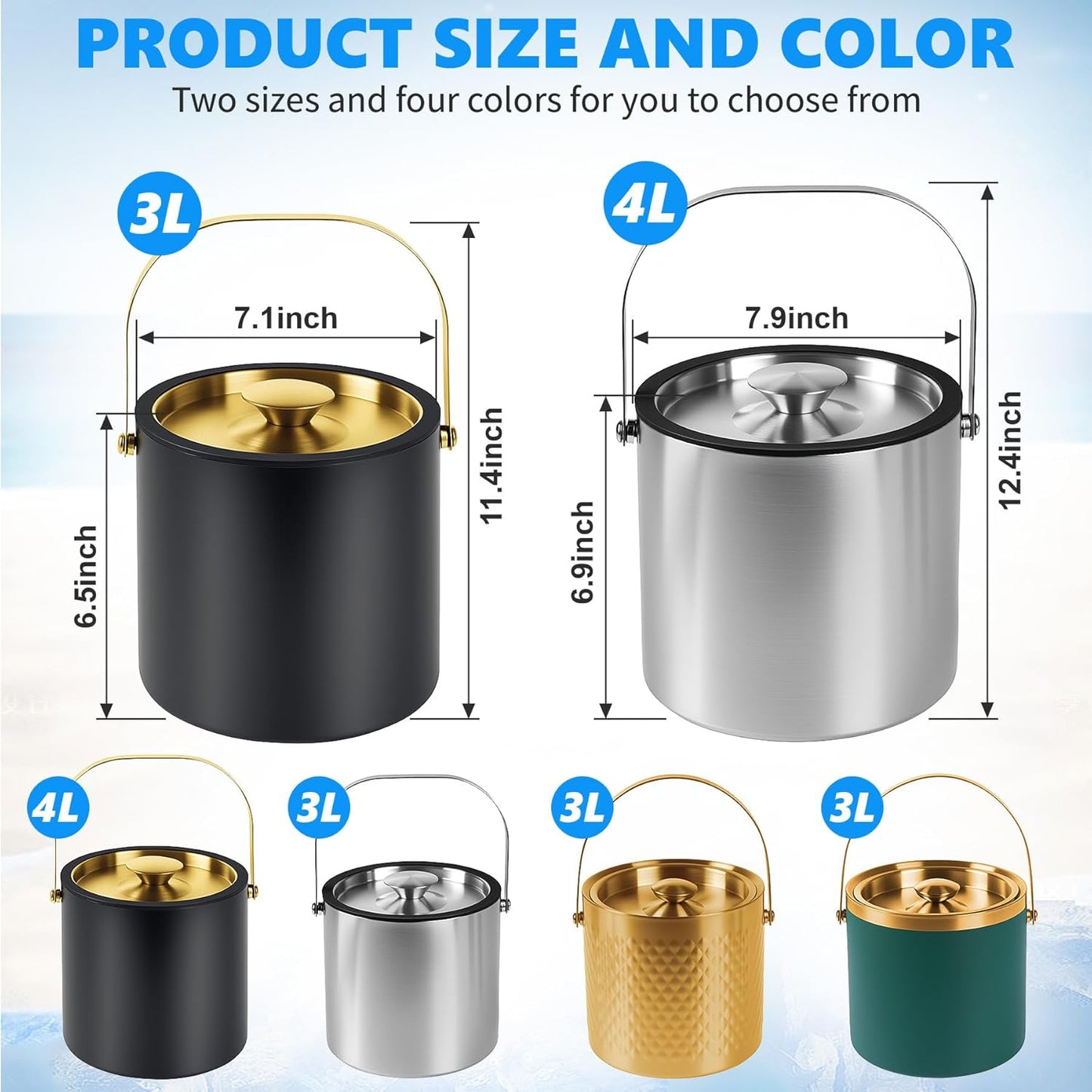 Ice Bucket, Gold Ice Bucket 3L with Silicone Sealing Ring Double-Wall Vacuum Insulation Champagne Buckets with Filter Layer Ice Tongs Ice Scoop (Gold, 3 L)