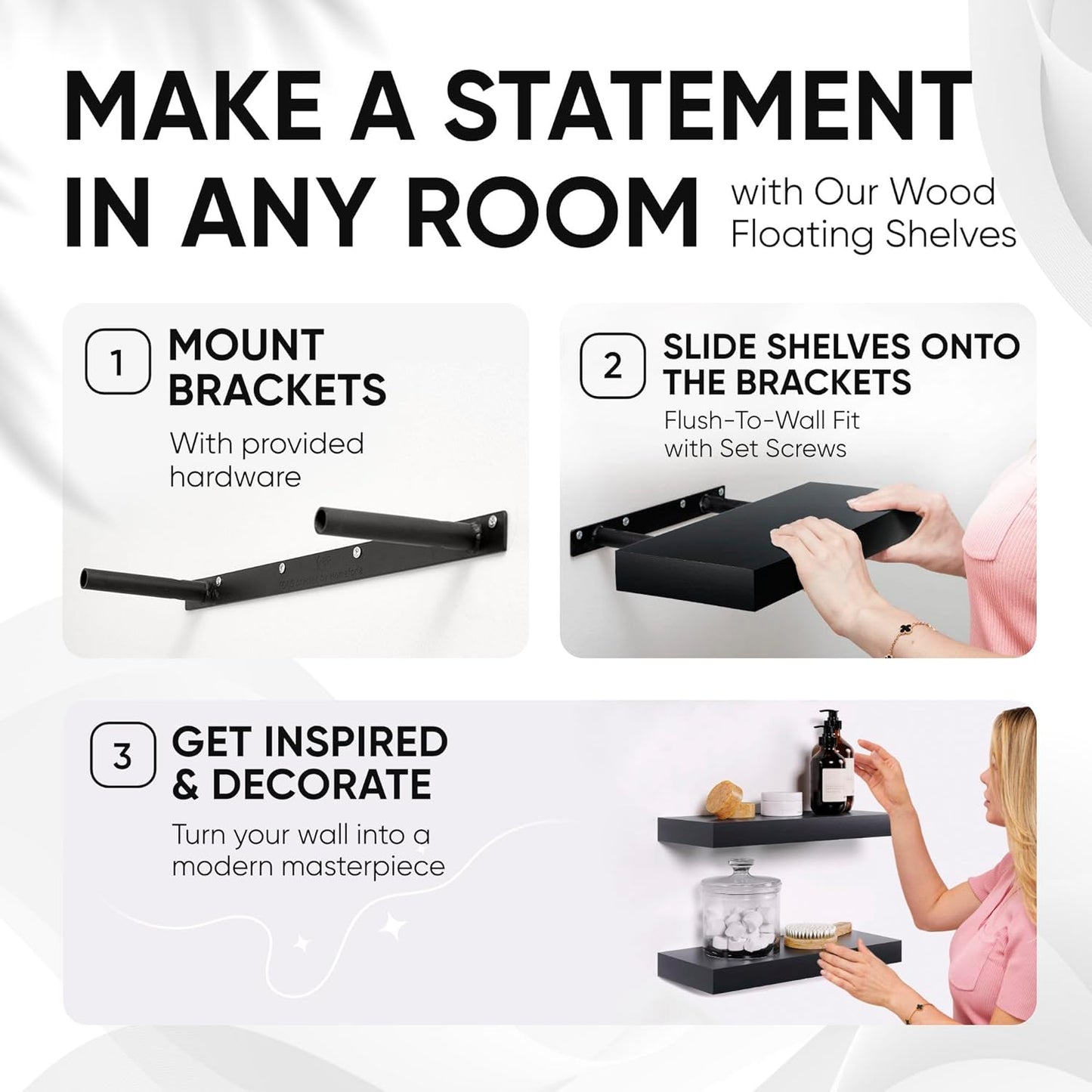 Homeforia Black Floating Shelf 18 inch, High End Solid Real Wood 18inch Bathroom Floating Shelves for Wall Mounted, Black Wooden 18in Floating Shelves, Heavy Duty Bracket, 18 X 6.5 X 1.75 in, Set of 2