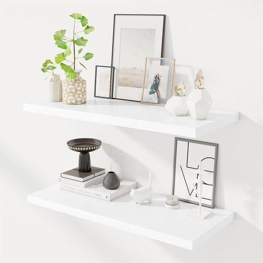 32" Floating Shelves for Wall, 12" Deep Slim White Floating Shelves, Wall-Mounted Shelves for Bedroom, Living Room, Kitchen, Bathroom - Set of 2