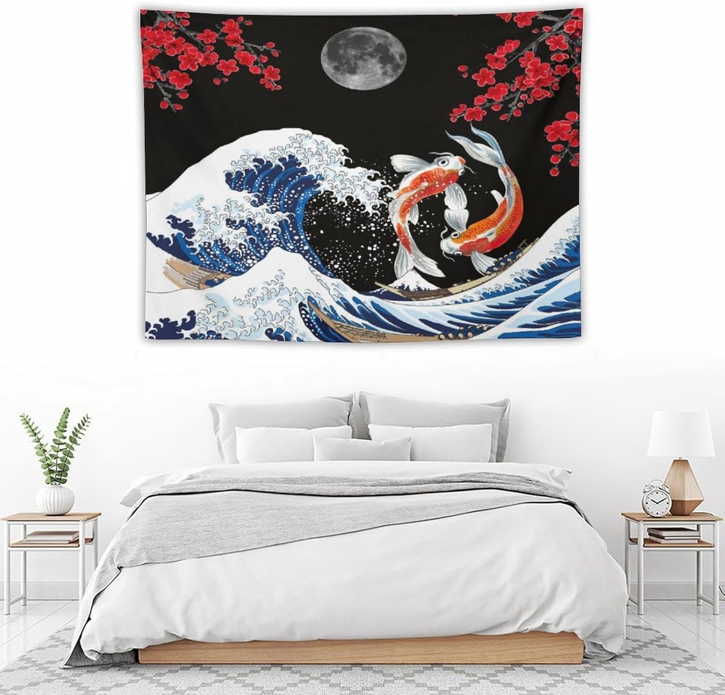 Houselerax Japanese Koi Fish Tapestry, Yin Yang Big Wave Red Cherry Blossom Tapestries Wall Hanging for Bedroom Living Room Office Decor 40"x30"
