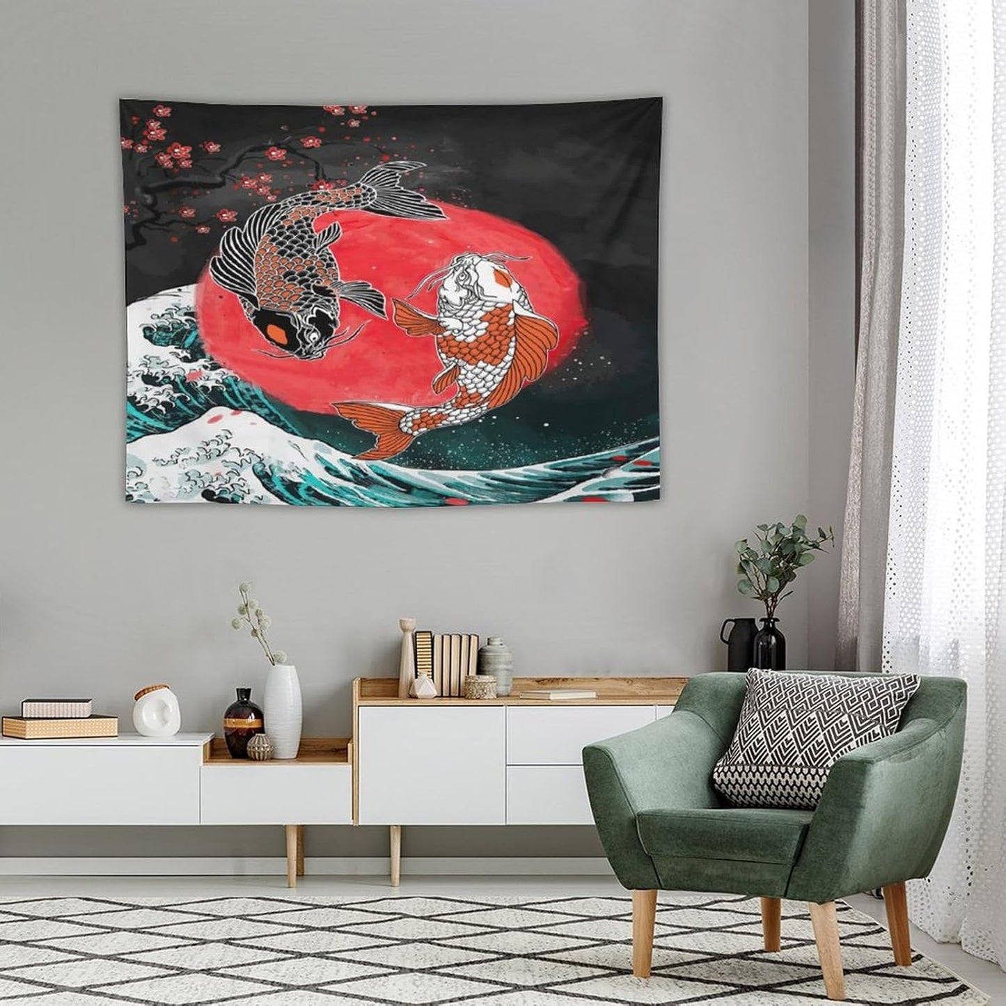 Houselerax Koi Fish Tapestries,Japanese Style Yin Yang Big Wave Cherry Blossoms Tapestry Wall Hanging for Bedroom Living Room Office Decor 40"x30"