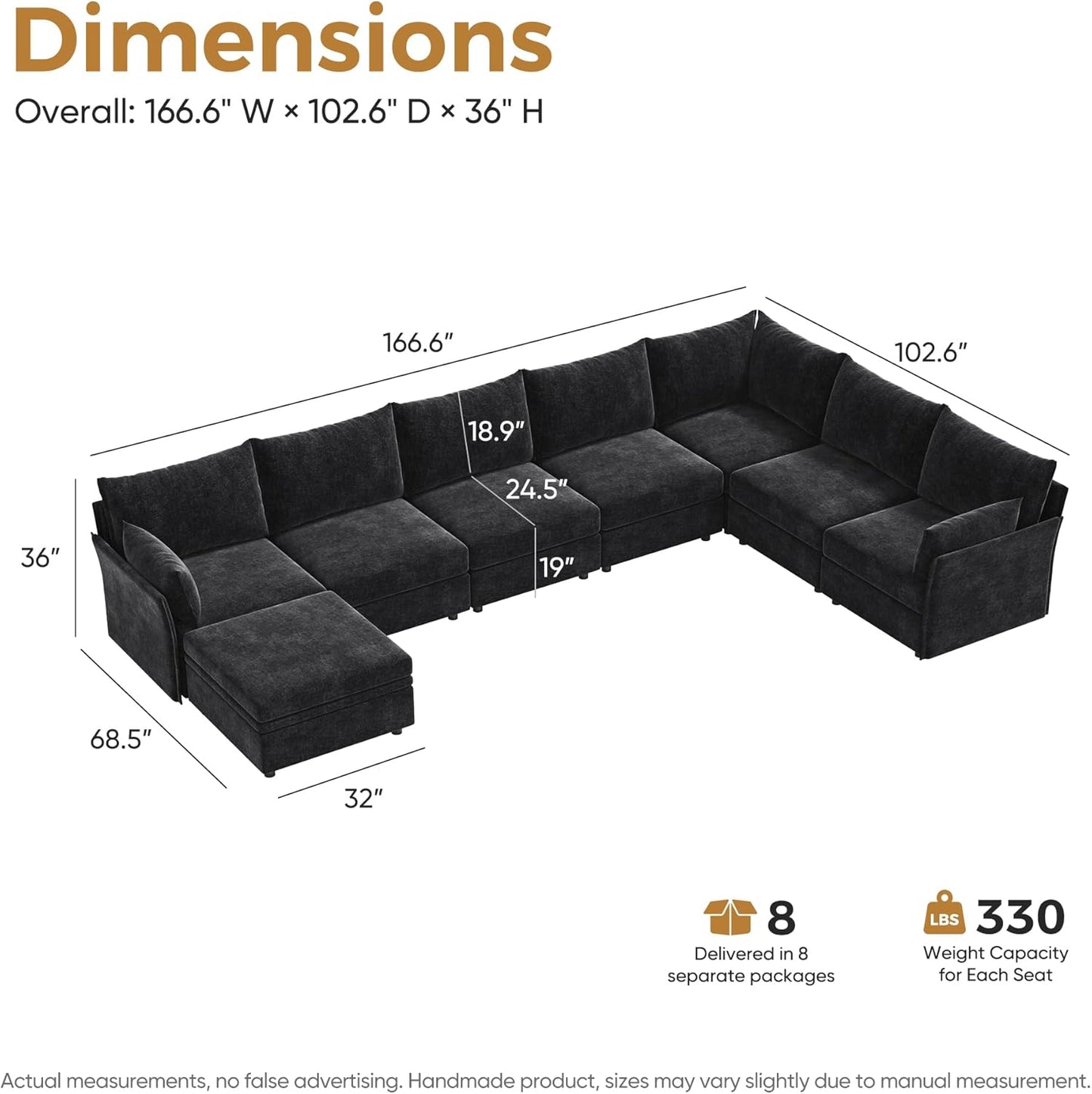 166.6" Oversized Modular Sectional Sofa, U Shaped Convertible Couch with Movable Ottoman, Large 8 Seat Corner Couches for Living Room Deep Seat Black Chenille
