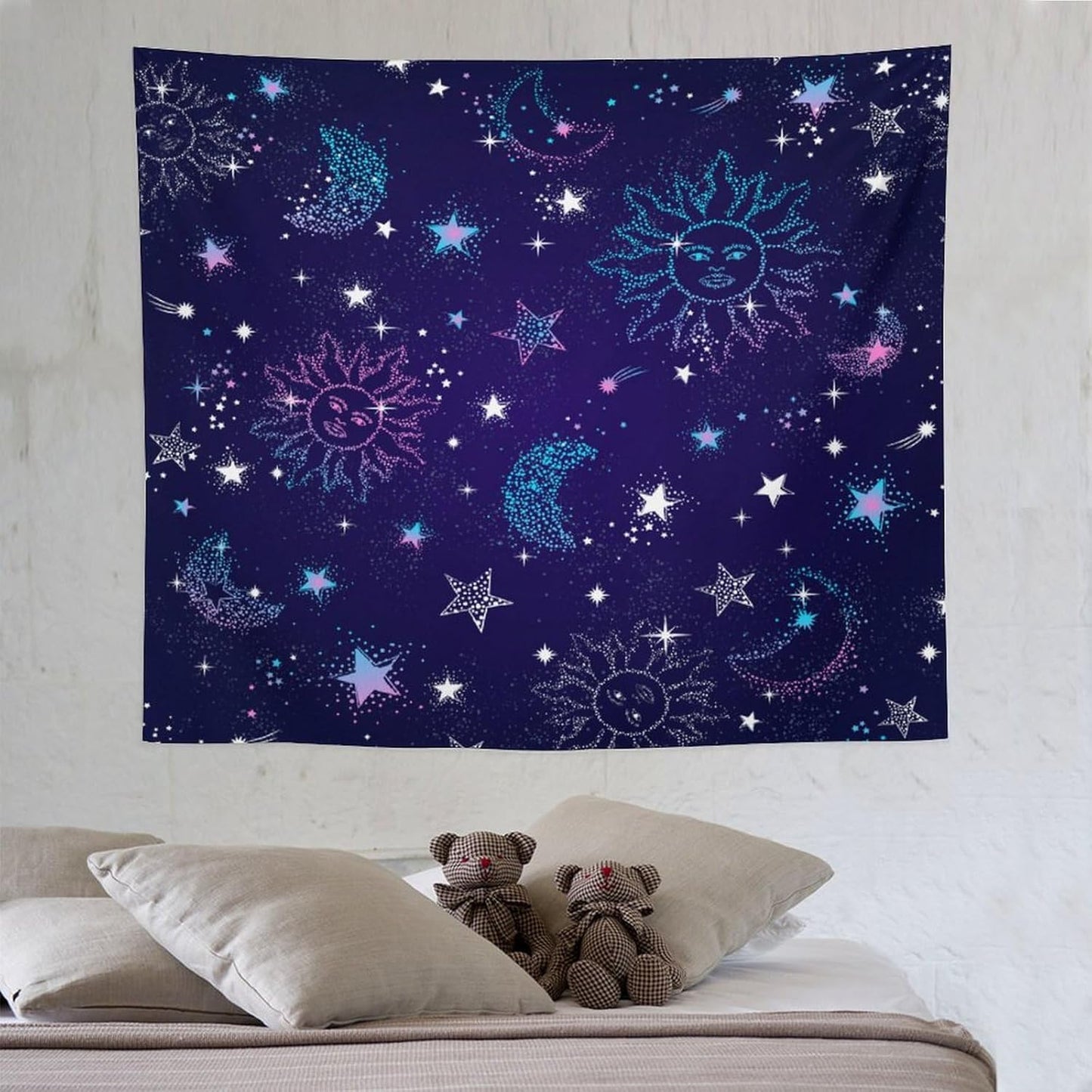 HZOHNAGO Boho Sun Moon Tapestry Purple Blue Sun Stars Galaxy Pattern Printed Wall Tapestry Wall Hanging for Bedroom Living Room Dorm 60" W x 50" H