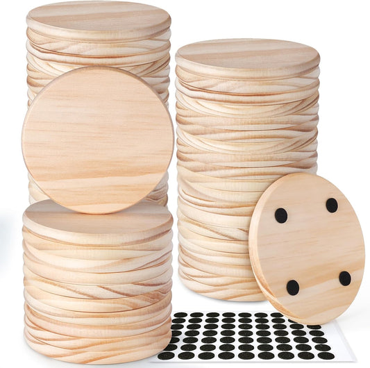 48 Pieces Unfinished Wood Coasters, GOH DODD 4 Inch Wooden Blanks with Non-Slip Pads for Laser Engraving Wood Burning Staining Painting Decoupage Housewarming Gifts Wedding Crafts Education, Round
