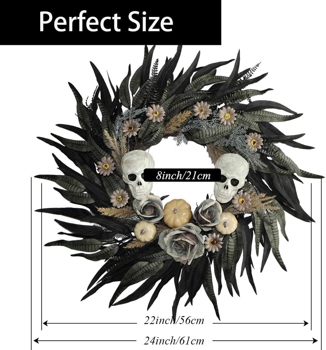 24" Snakeskin Leaves Halloween Wreaths for Front Door with Skulls Flowers and Pumpkins - Gothic Party Black Halloween Porch Wall Door Decor