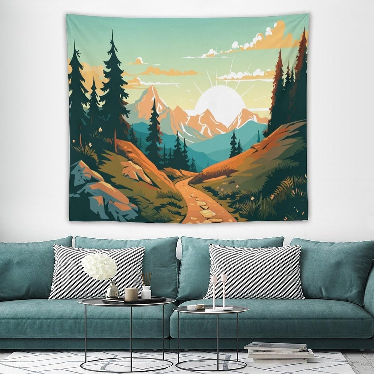 HZOHNAGO Mountain Tapestry Forest Mountain Sunrise Road Pattern Printed Wall Tapestry Wall Hanging for Bedroom Living Room Dorm 60" W x 50" H