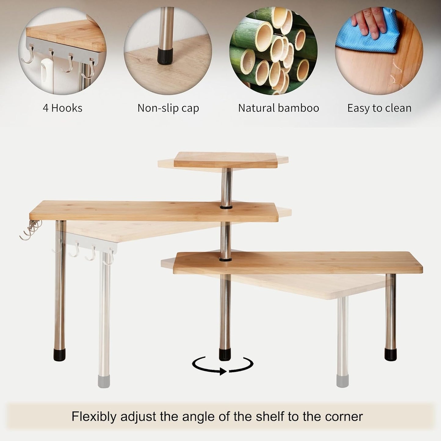 HYNAWIN Corner Shelf, 3 Tier Bamboo & Metal Storage Spice Rack-Desk, Space Saving Bookshelf with Hooks, Adjustable Display Shelf for Creative Home Décor Kitchen, Bedroom, Office (21CO)