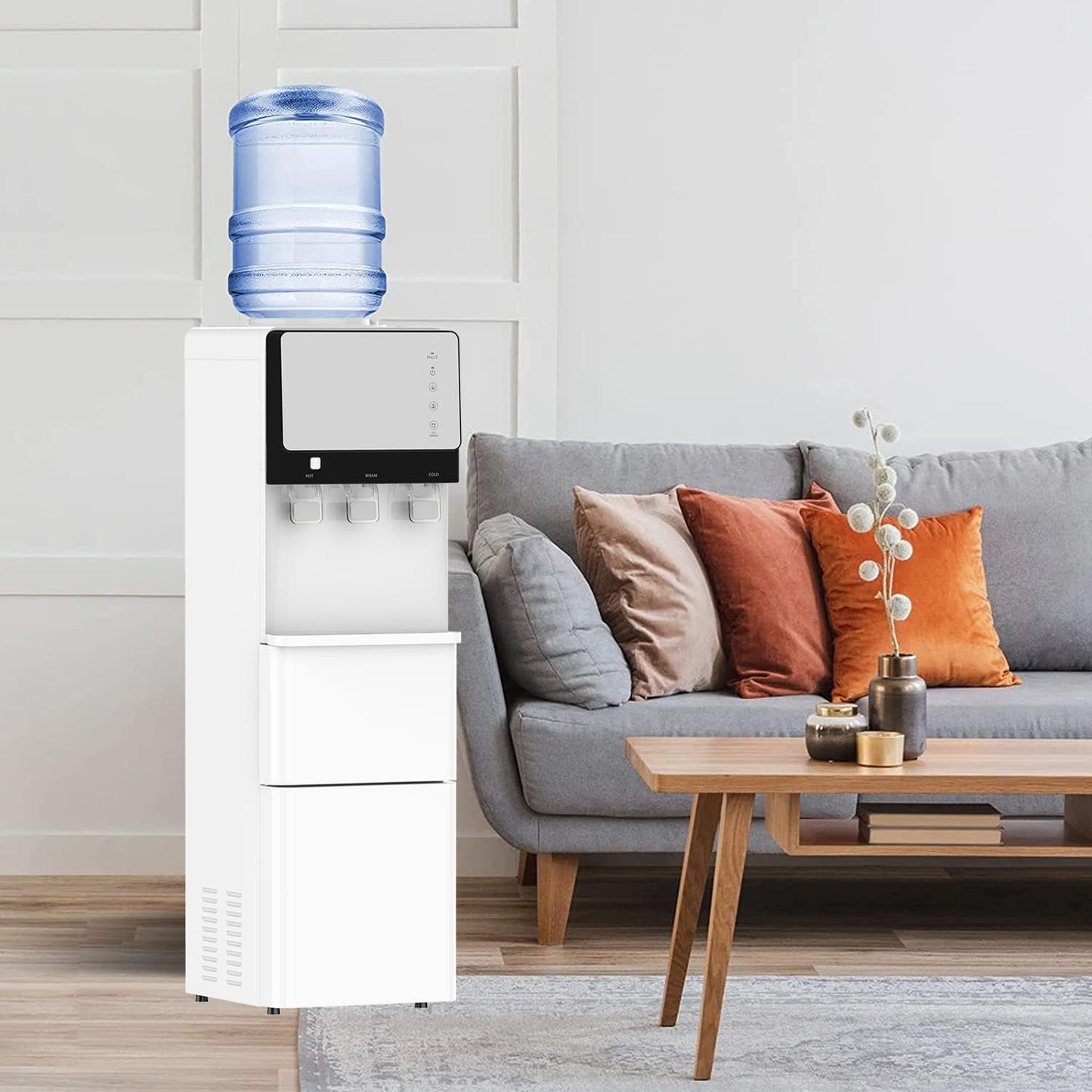 IKT 3 in 1 Water Cooler Dispenser with Ice Maker for 5 Gallon Bottle 27 lbs in 24 hrs 3 Temperature Night Light Perfect for Home Office White