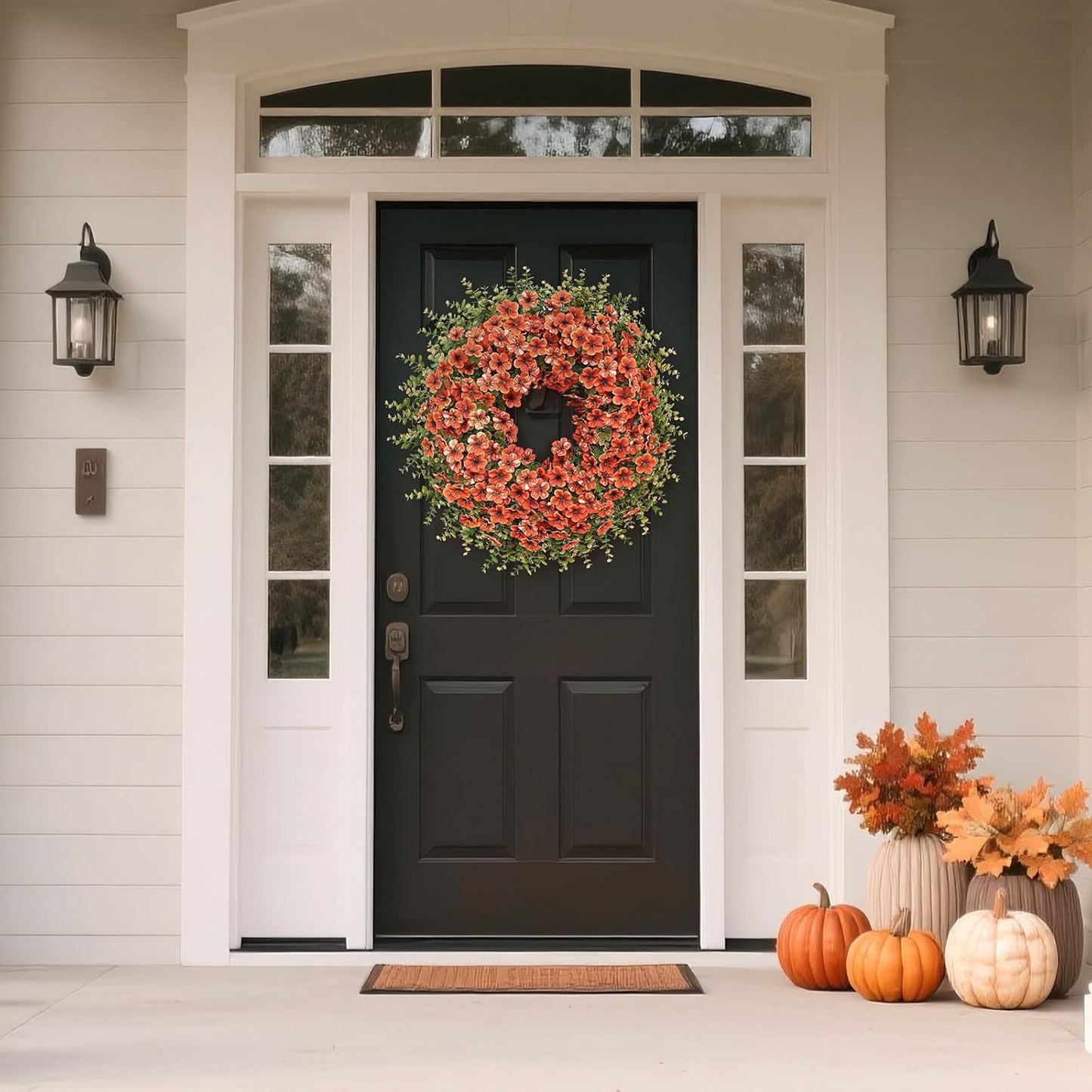 26" Fall Wreath for Front Door, Porch, Window - Large Artificial Boxwood Leaves with Fake Daisy Flowers Outdoor Wreath Faux Eucalyptus for Home Farmhouse Harvest Festival Thanksgiving Day Autumn Decor