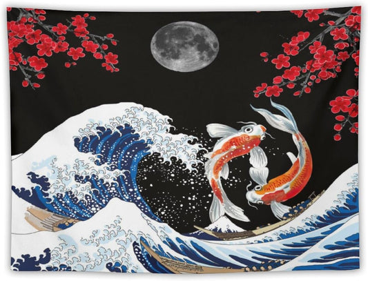 Houselerax Japanese Koi Fish Tapestry, Yin Yang Big Wave Red Cherry Blossom Tapestries Wall Hanging for Bedroom Living Room Office Decor 80"x60"