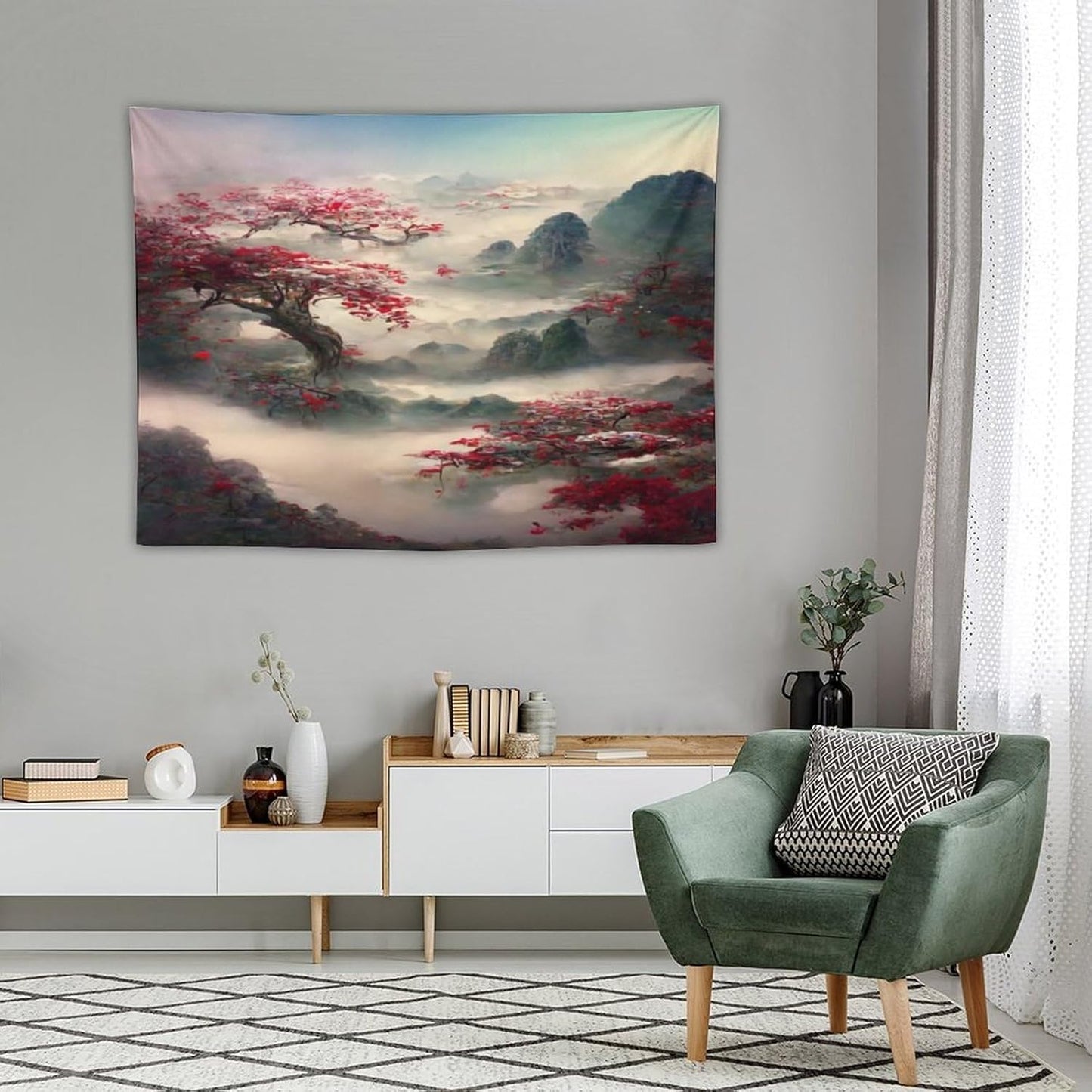 Houselerax Japanese Tapestry, Red Plum Cherry Blossom Mountain Tapestries, Asian Japanese Wall Decor, Nature Landscape Tapestries for Bedroom Living Room Decor 40"x30"