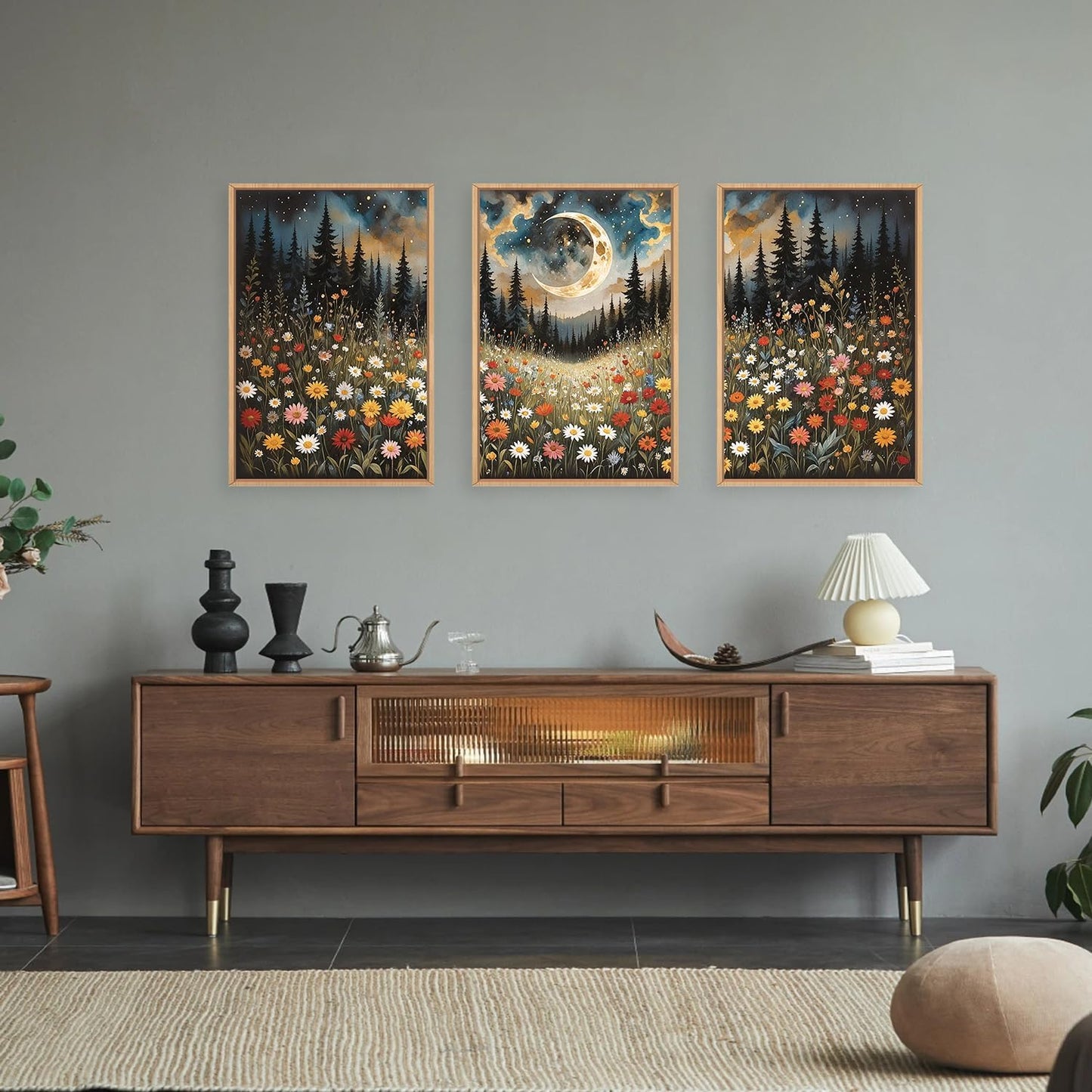 HPINUB Wildflower Moon Pine Tree Framed Canvas Wall Art Set,Nature Forest Wall Decor,Mystical Starry Night Artwork Rustic Mountain Landscape Art Print for Living Room,Bedroom,Office-24 x36 x3