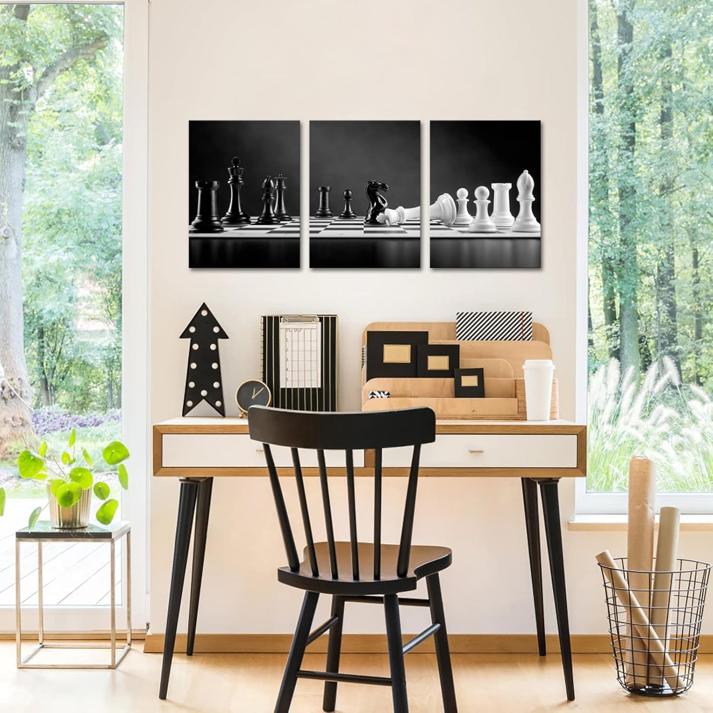 iKNOW FOTO 3 Panel Modern Black and White Chess Board Canvas Wall Art Poster Prints Checkmate Move on Chessboard Pictures Still Life Painting Framed Giclee Artwork for Office Decor 12x16inchx3pcs