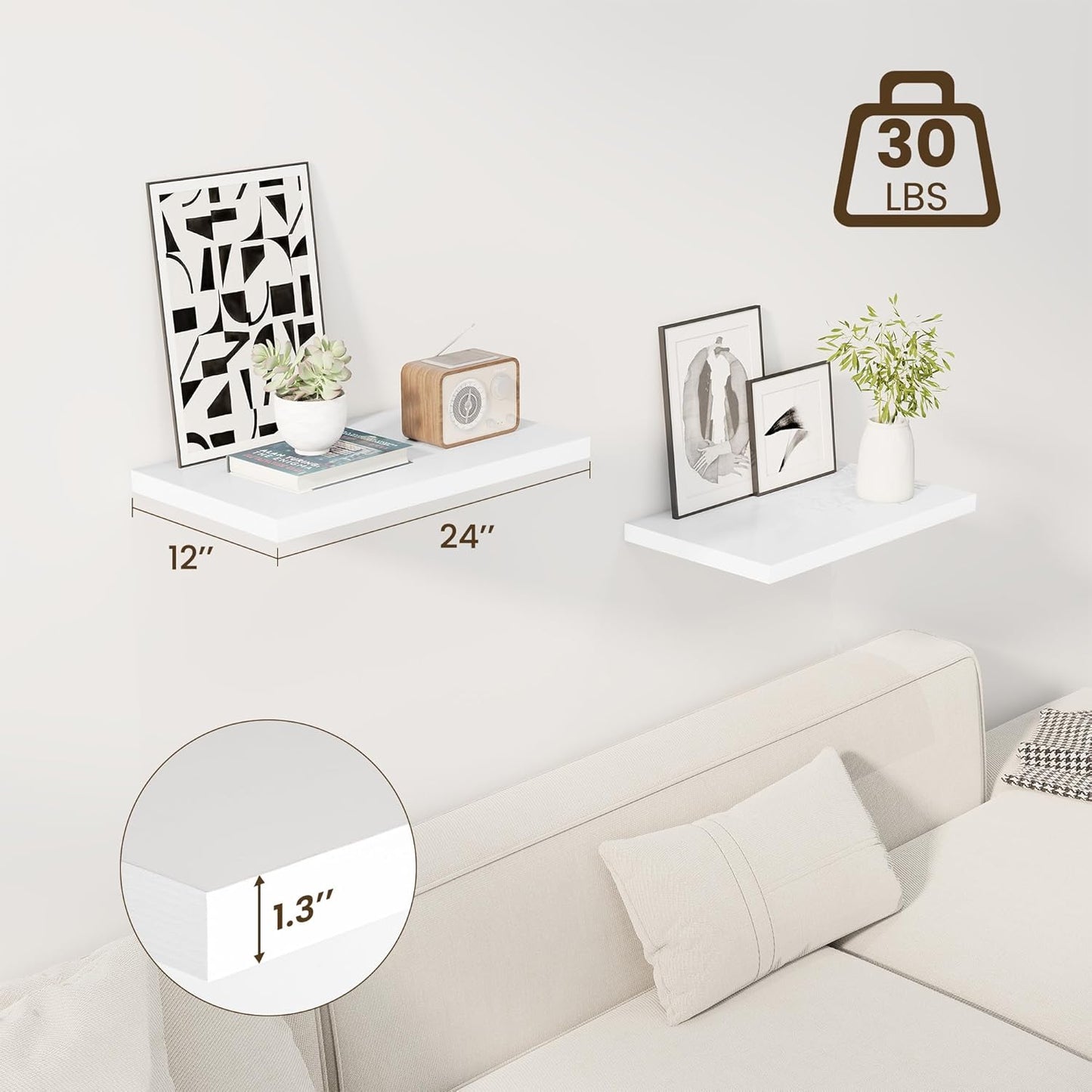 24" Floating Shelves for Wall, 12" Deep Slim White Floating Shelves, Wall-Mounted Shelves for Bedroom, Living Room, Kitchen, Bathroom - Set of 2