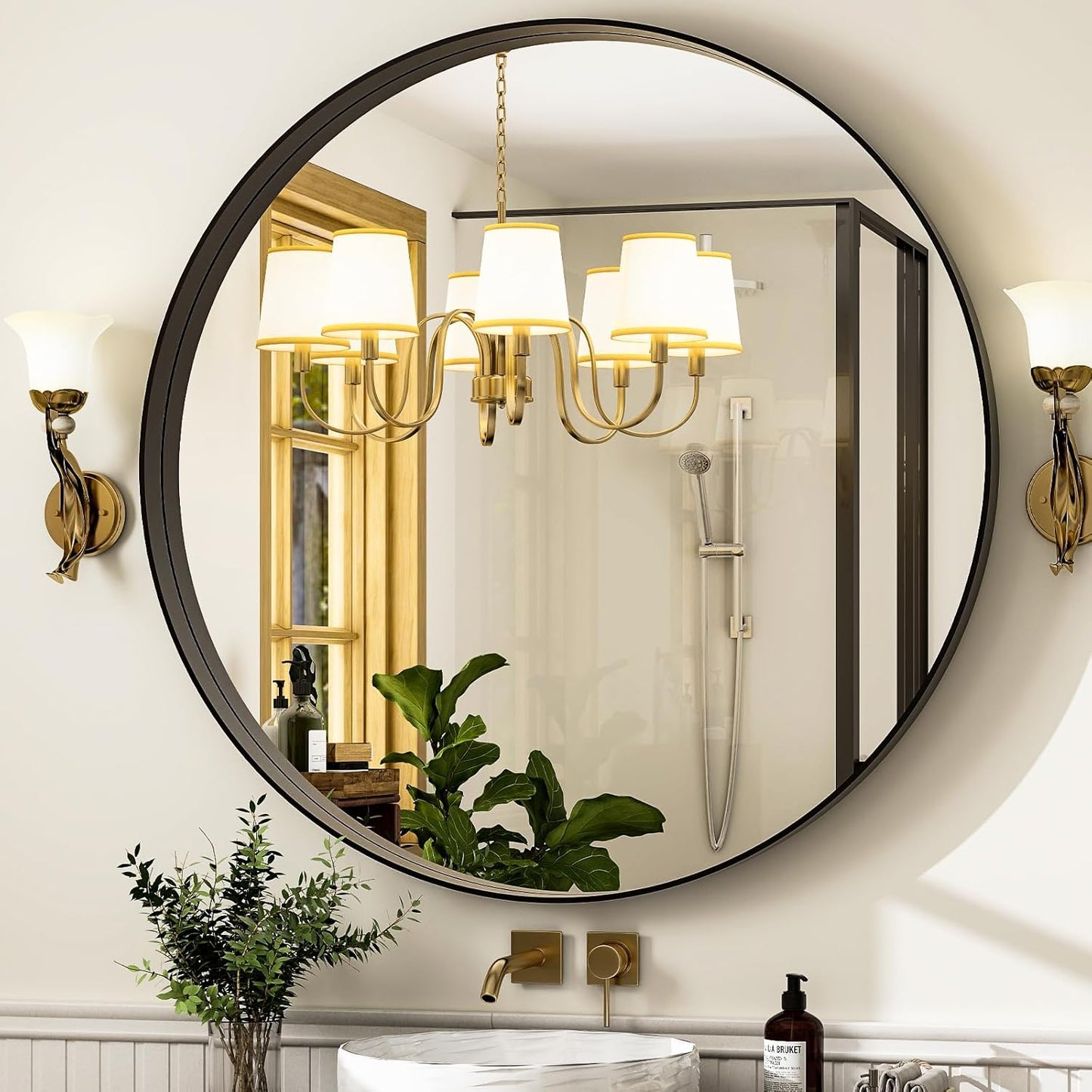 24 Inch Round Bathroom Mirror - Wall Mounted Circle Mirror with Metal Frame, Modern Mirror Suitable for Bathroom, Vanity, Entryway, Living Room, Wall Decor,Black