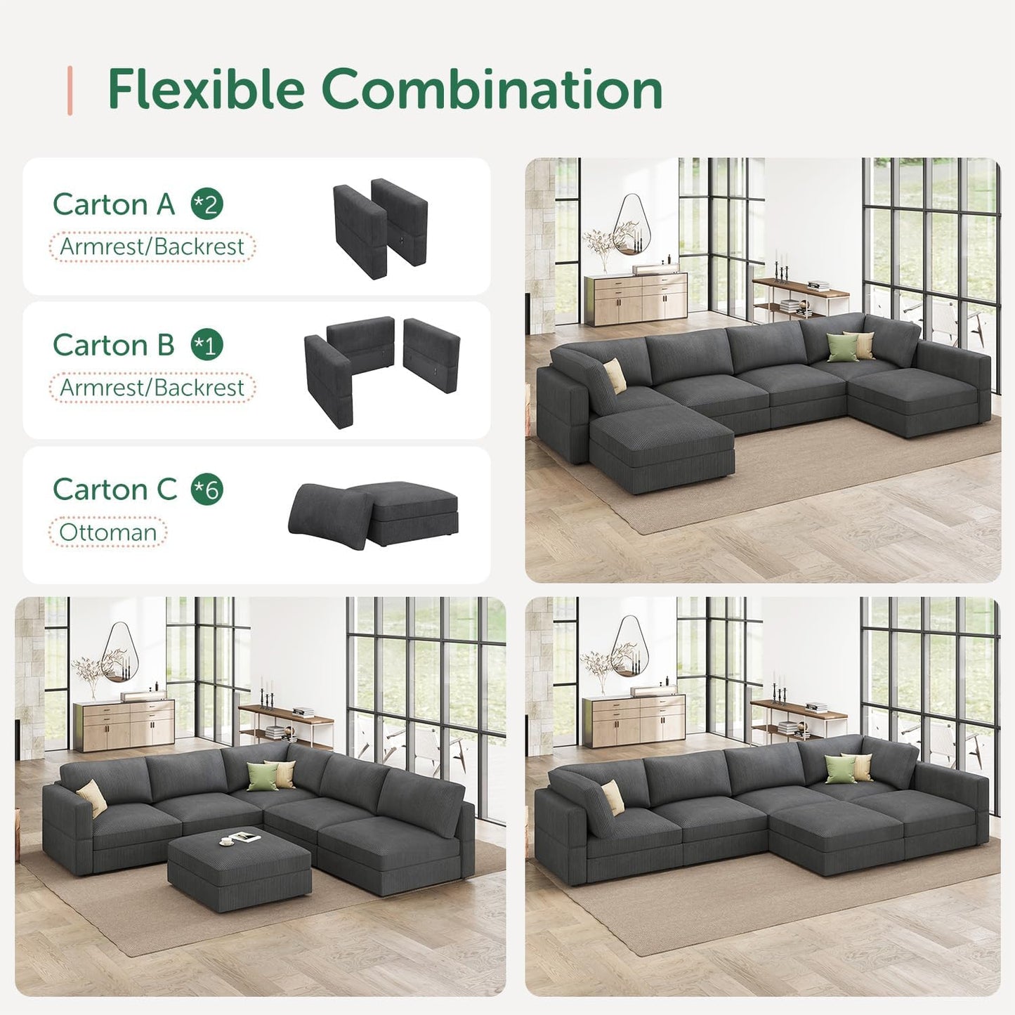 HONBAY Modular Sectional Sofa with Storage Corduroy Sleeper Sofa Modular Sectional Couches for Living Room,Dark Grey