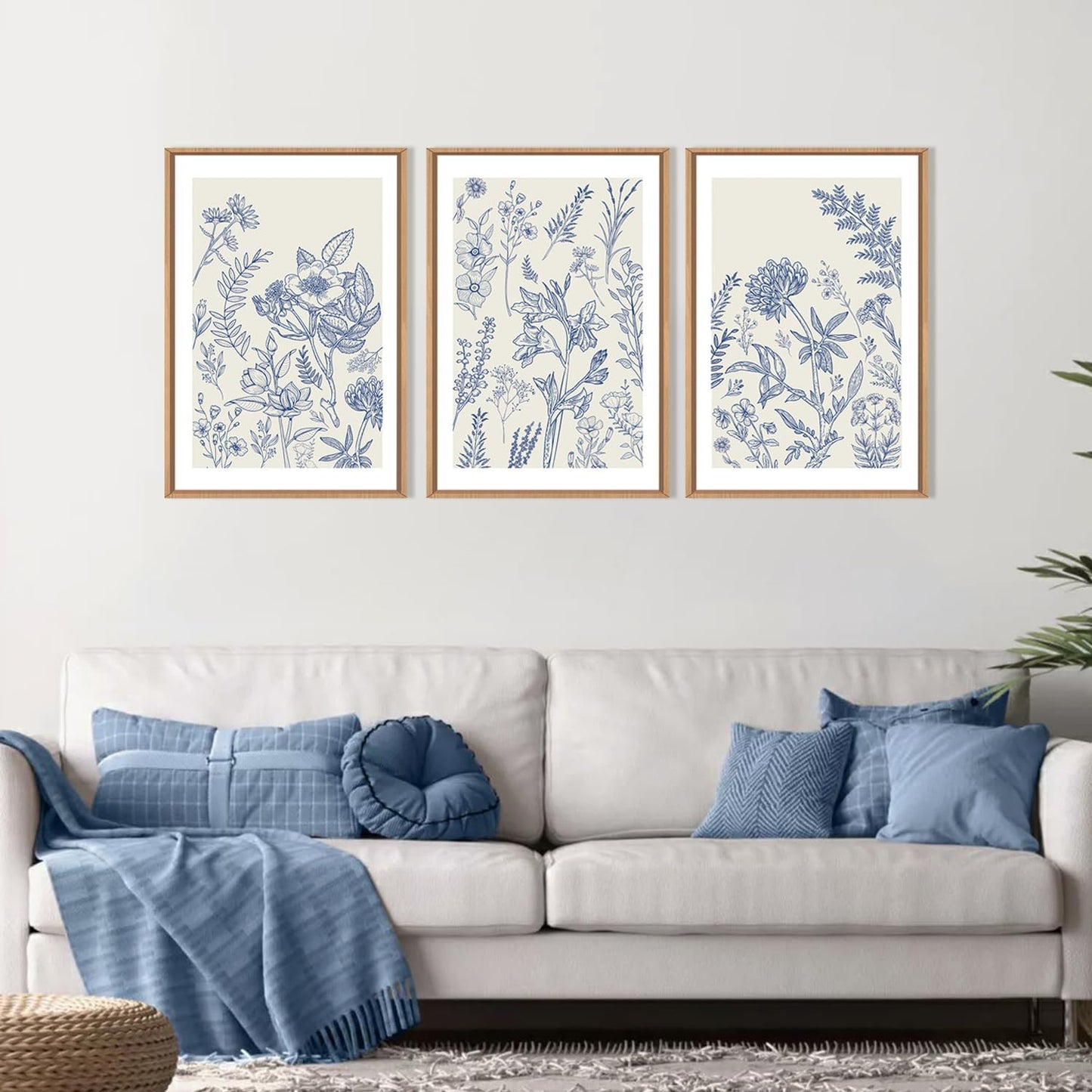 HPINUB Classic Chinoiserie Floral Framed Canvas Wall Art Set,Watercolor Blue and White Botanical Flowers Wall Decor,Navy Blue Minimalist Wildflower Art Print for Living Room,Bedroom,Office-16 x24 x3