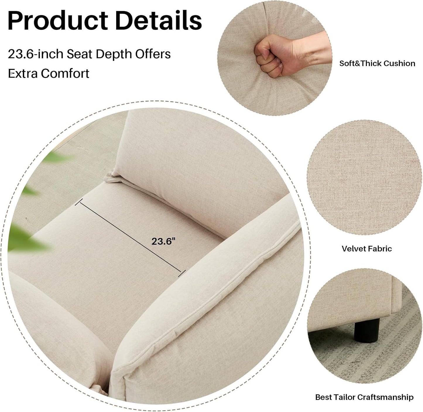 35.4" Wide Oversized Velvet Single Sofa Chair with 2 Pillows, Modern Upholstered Accent Chair Armchair for Livingroom Bedroom Apartment, Light Brown