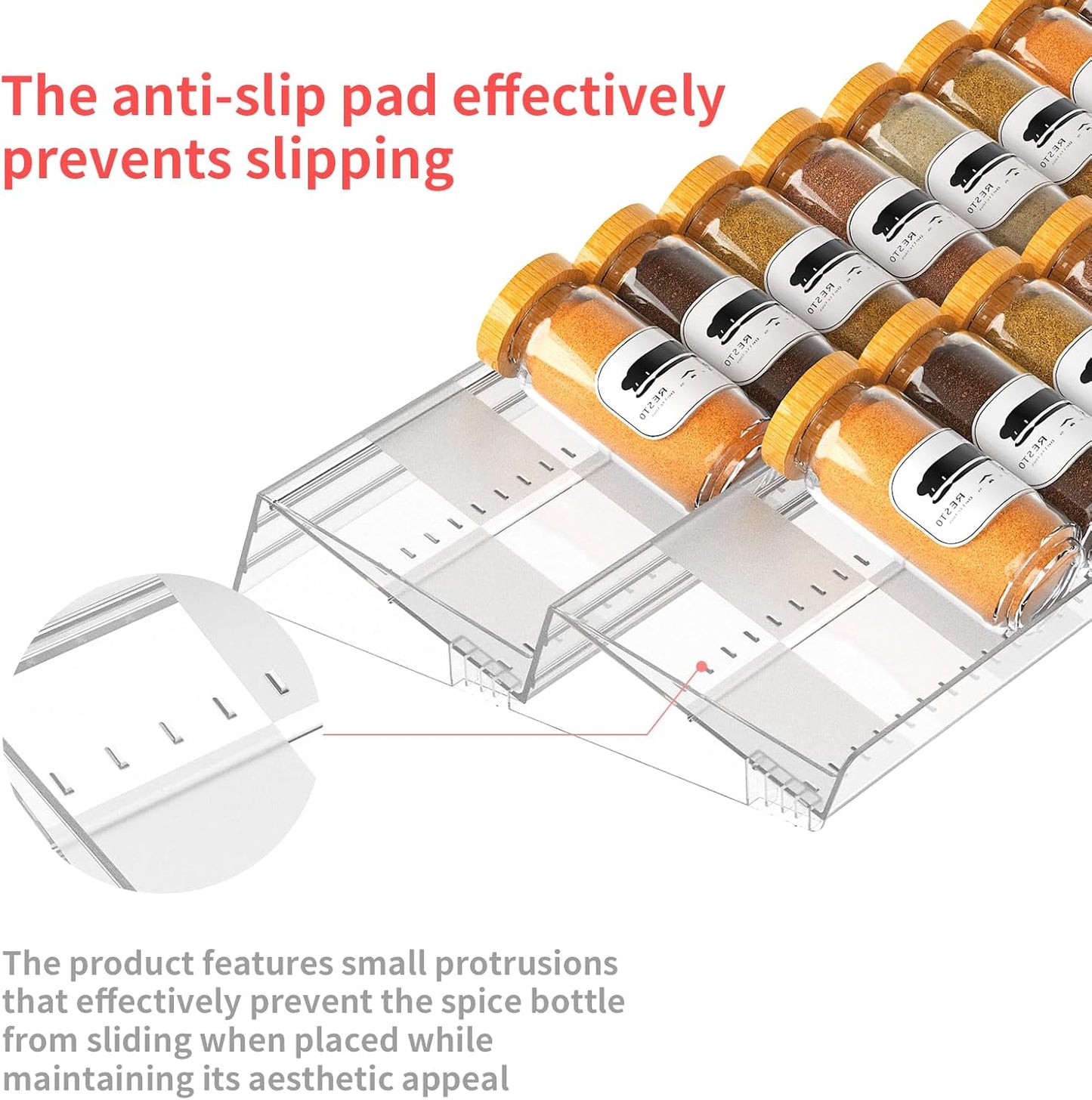 2-Tier Non-Slip Spice Drawer Organizer, 2-Pack Checkered Frosted Clear Acrylic, Expandable (11''-22'') Spice Rack for Kitchen Drawer Storage – Holds Seasonings, Herbs, and Spices (Jars Not Included)