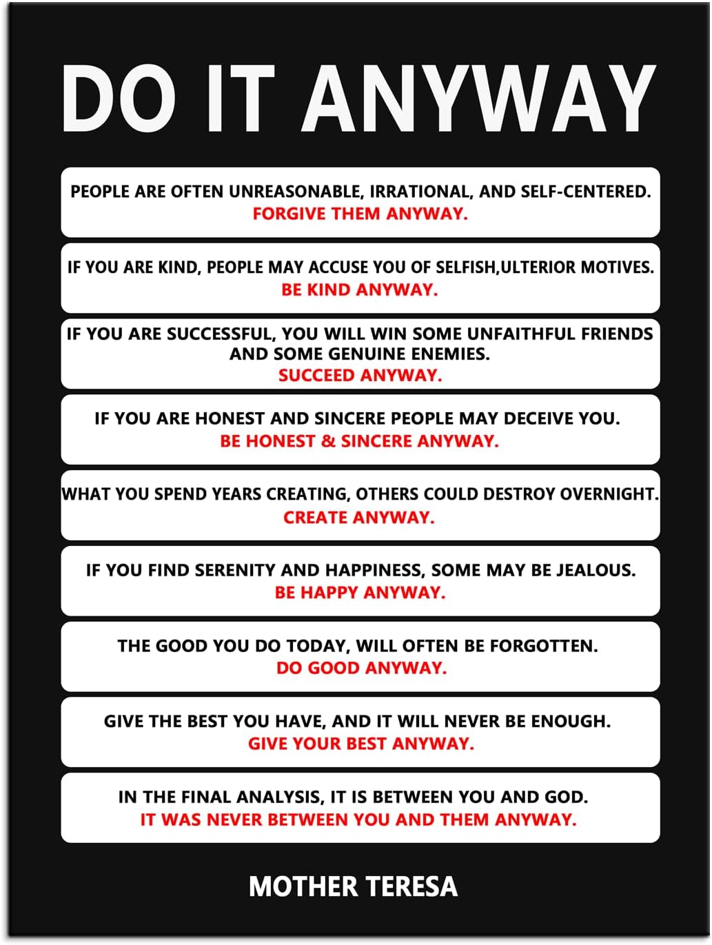 Inspirational Poster Motivational Wall Art Do It Anyway Mother Teresa Quote Canvas Prints Artwork for Office Living Room Modern Home Decor Painting Pictures Stretched and Framed [30''Wx 40''H]