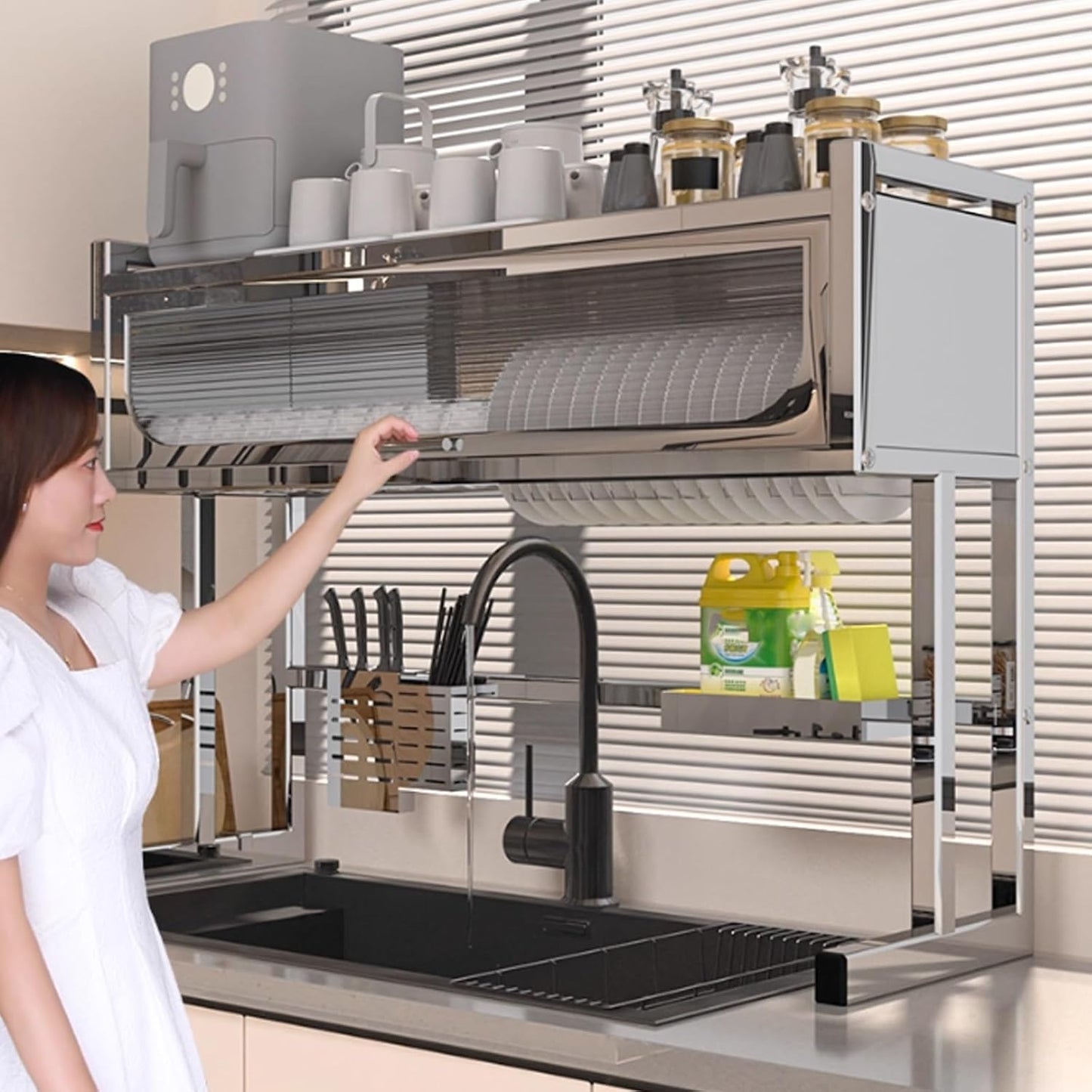 Home Furnishing Dish Rack Over Sink Stainless Steel Over The Sink Dish Drainer Drying Rack Space Kitchen Sink Rack Multifunctional countertop Dish Storage Rack Sink(Metallic,95cm/37.4in)