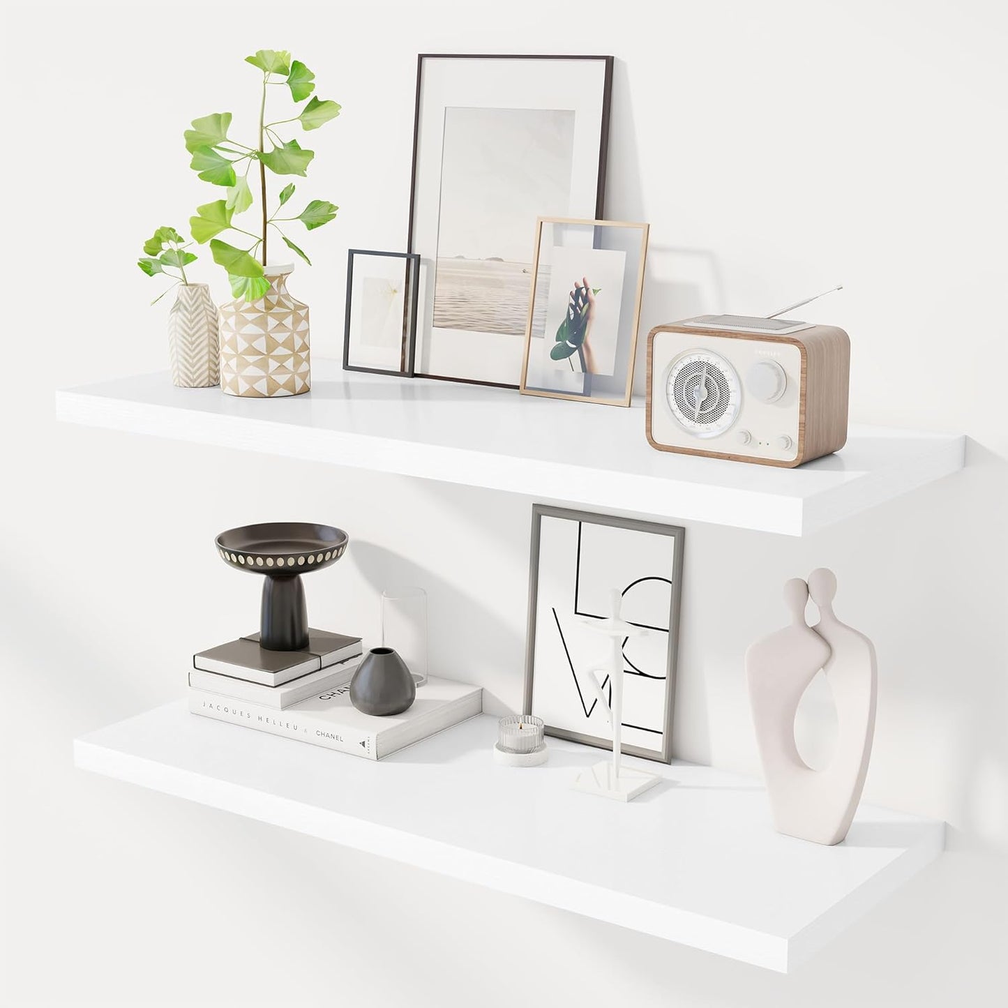 36" Floating Shelves for Wall, 12" Deep Slim White Floating Shelves, Wall-Mounted Shelves for Bedroom, Living Room, Kitchen, Bathroom - Set of 2