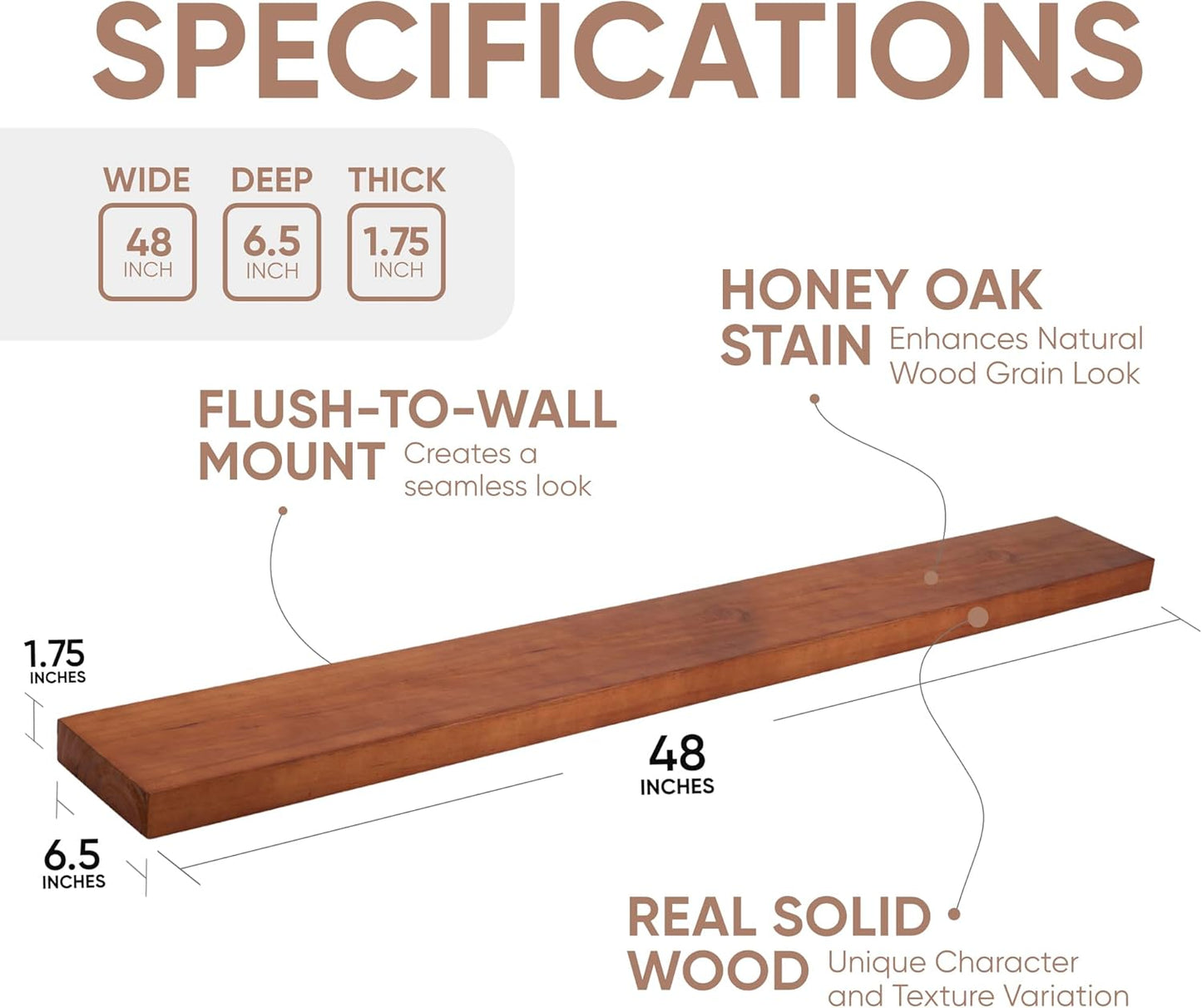 Homeforia 48 inch Oak Floating Shelf, High End Solid Real Wood 48inch Floating Shelves for Wall Mounted, Honey Oak Wooden 48in Large Floating Shelves, Heavy Duty Bracket, 48 X 6.5 X 1.75 in, Set of 2