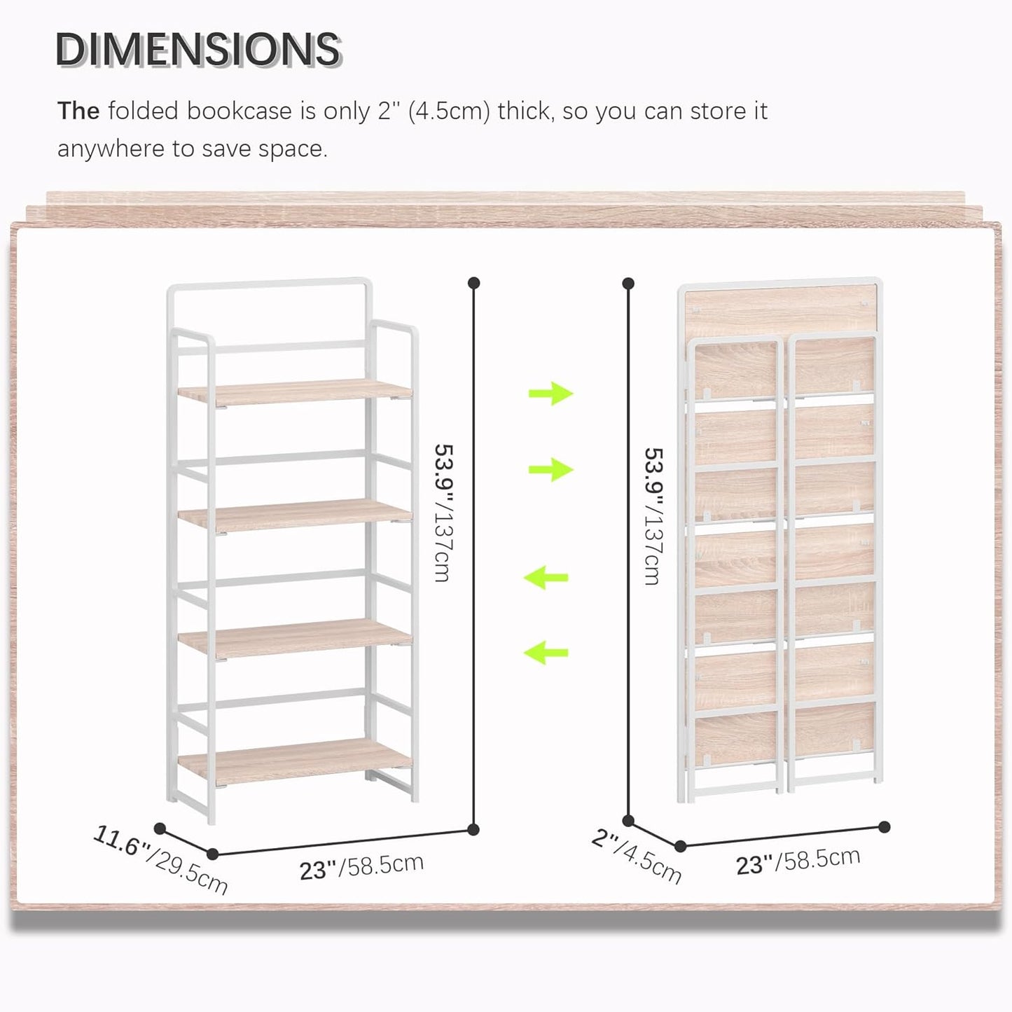 4NM No Assembly Foldable Bookshelf, 4-Shelf Collapsible Bookcase Storage for Small Spaces, 54" H, Natural White
