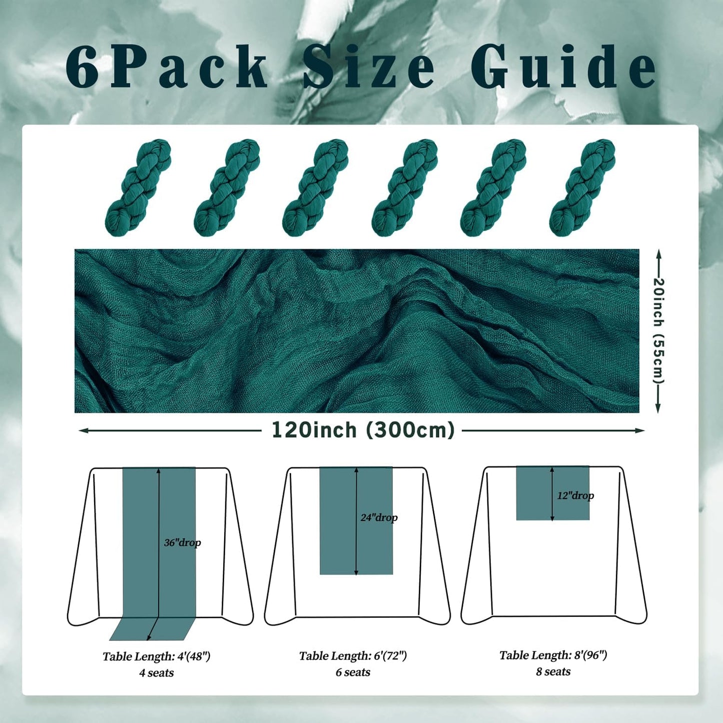 6 Pack Teal 10FT Cheesecloth Table Runner Rustic Gauze Cheese Cloth Table Runner for Wedding Bridal Baby Shower Table Decorations Boho Fabric Sheer Birthday Party Table Decor 20 x 120 Inch Long