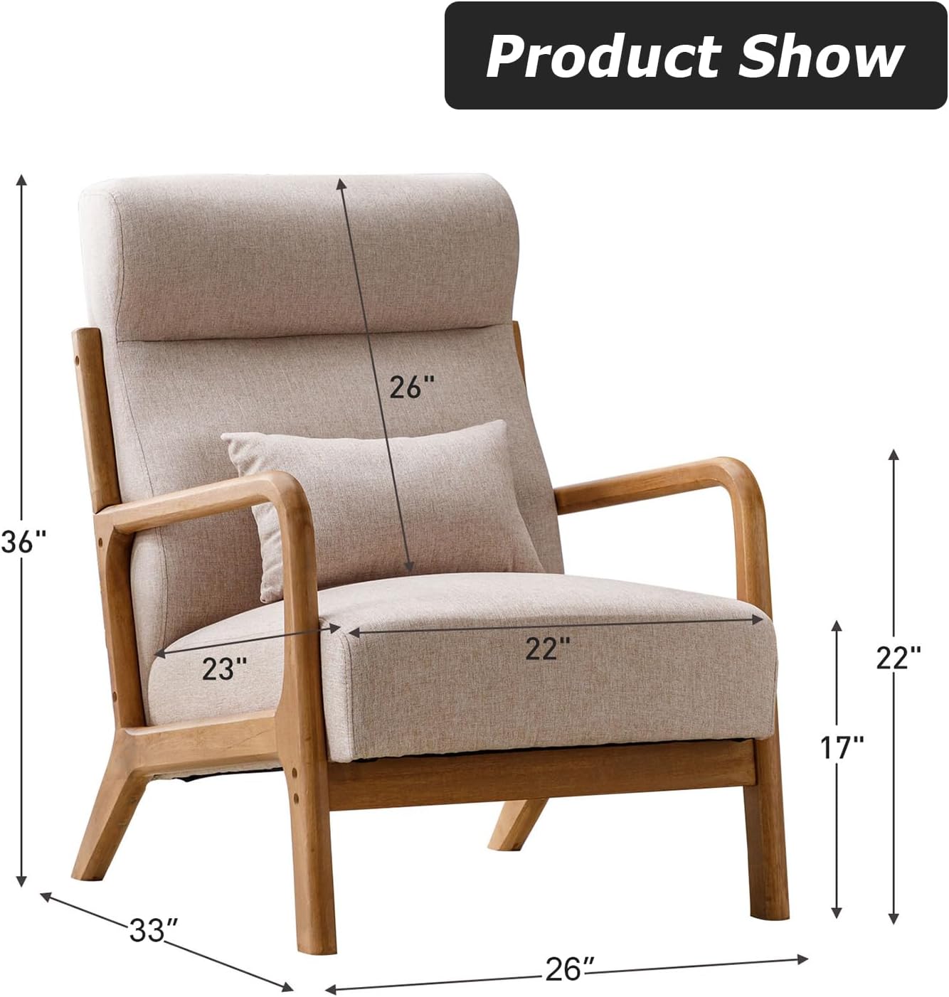 INZOY Mid Century Modern Accent Chair Set of 2, High Back Reading Armchair with Wood Frame, Upholstered Living Room Chairs with Waist Cushion, Single Lounge Arm Chair for Bedroom Sunroom, Beige