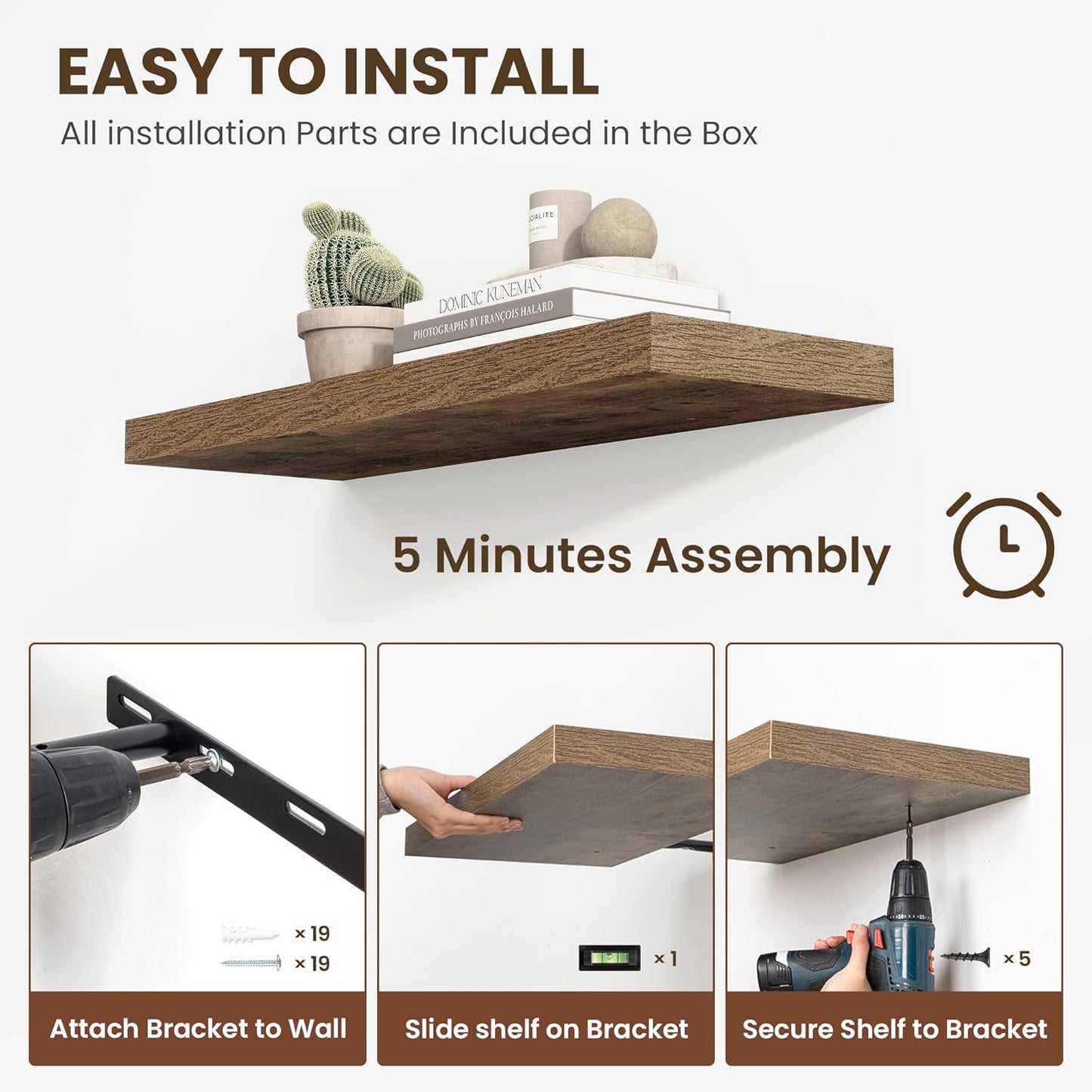 36 Inch Floating Shelves, 11.6 Inch Deep Floating Shelves for Wall, Floating Shelf with Invisible Brackets, Deep Shelves for Bathroom, Bedroom, Living Room, 2 Pack, Brown