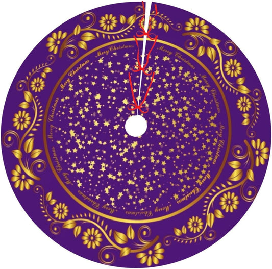 48" Large Christmas Tree Skirt, Elegant Modern Purple Gold Pattern Tree Mat Base Cover for Xmas Festive Holiday Party Decoration Ornaments
