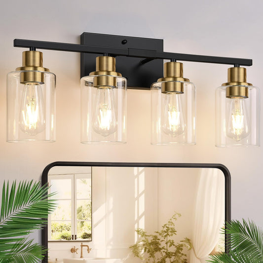 4-Light Bathroom Light Fixtures, Black and Gold Modern Vanity Lights with Clear Glass Shades, Bathroom Wall Lamp for Mirror Living Room Cabinet Bedroom Porch