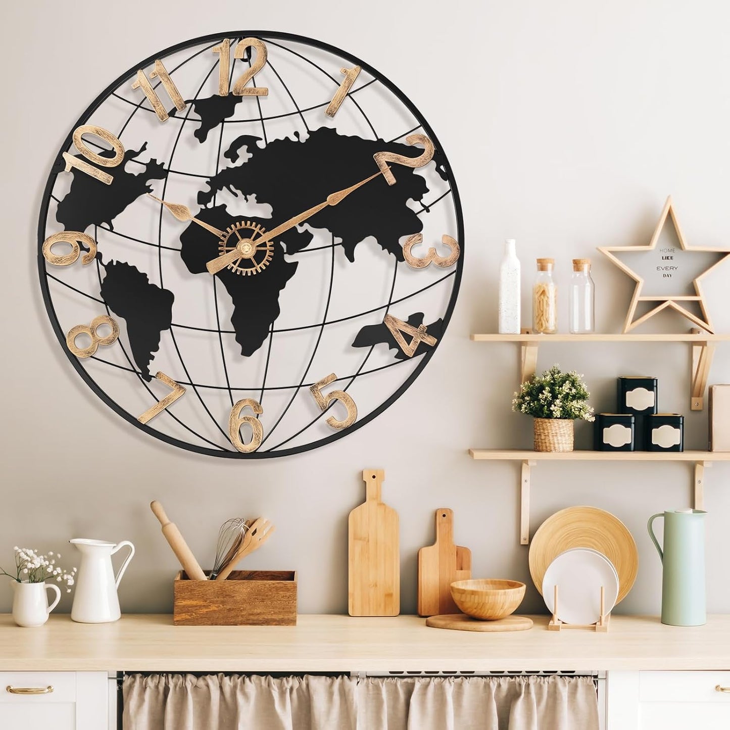 24 Inch Large Wall Clock for Living Room Decor,Big Modern Decorative Silent Metal World Map Wall Clock with Vintage Gold Arabic Numeral for Office,Living Room,Kitchen,Dining Room