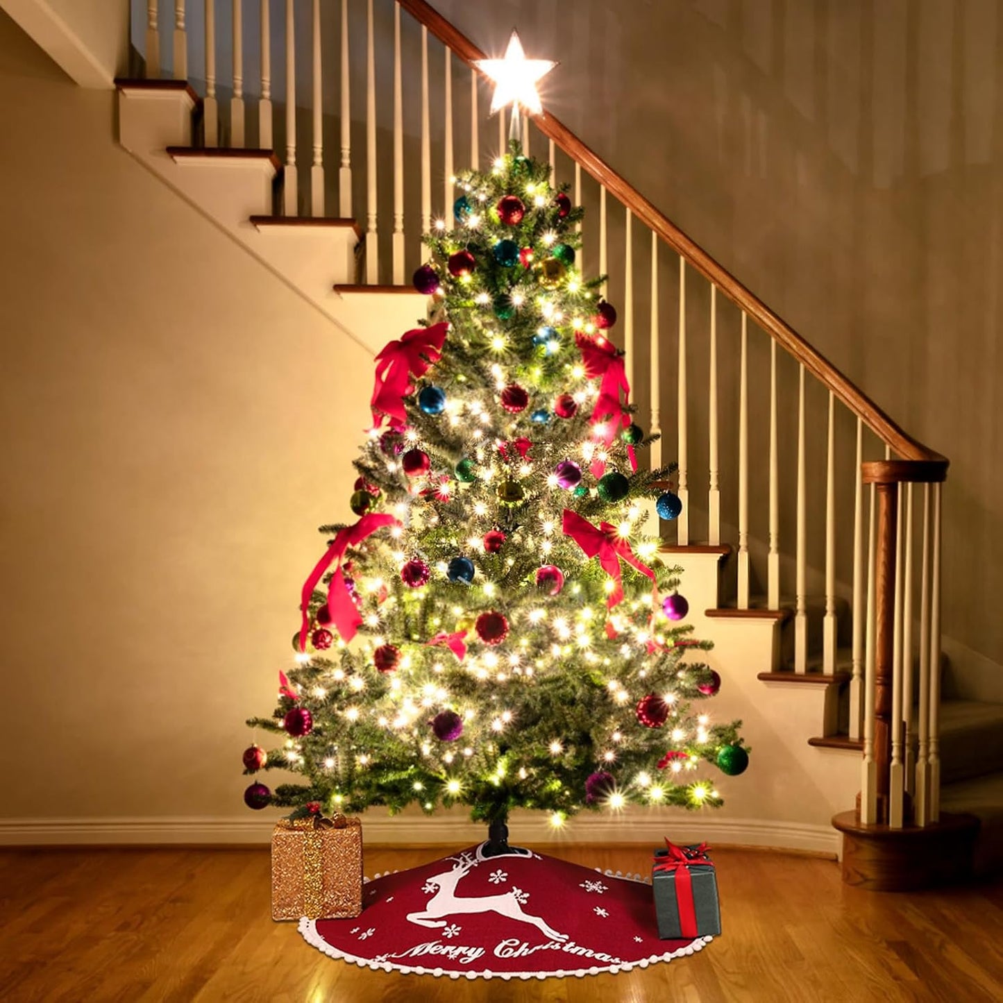 48 Inch Christmas Tree Skirt, Burlap Red Christmas Rustic Tree Skirt with Elk Deer and White Snowflake Printed for Holiday Party Xmas Tree Decoration
