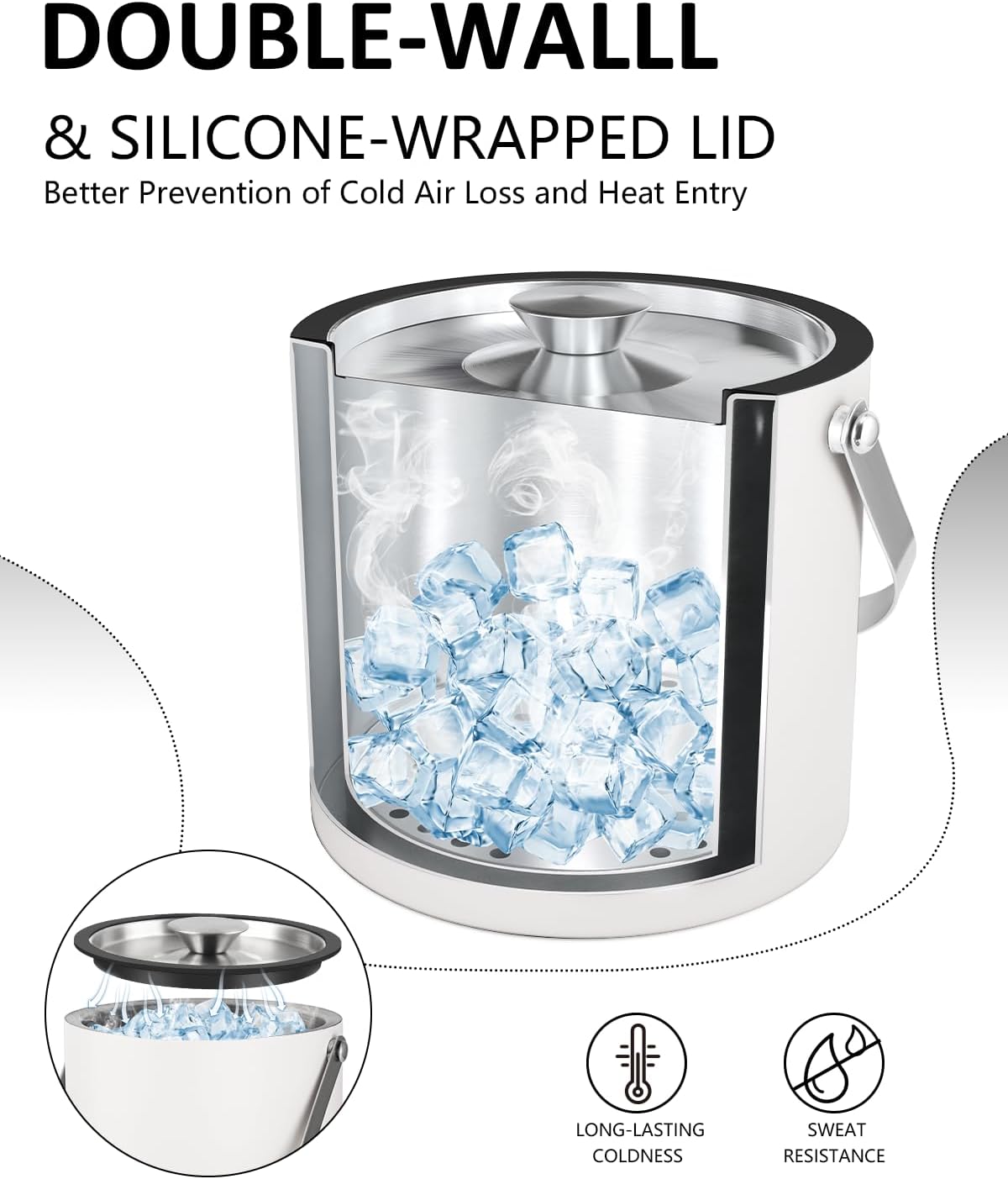 Insulated Ice Bucket with Silicone Lid, Scoop, Tongs & Strainer, 3L Stainless Steel Double Wall Ice Buckets for Parties & Cocktail Bar, Champagne Ice Bucket with Lid for Freezer, Ivory