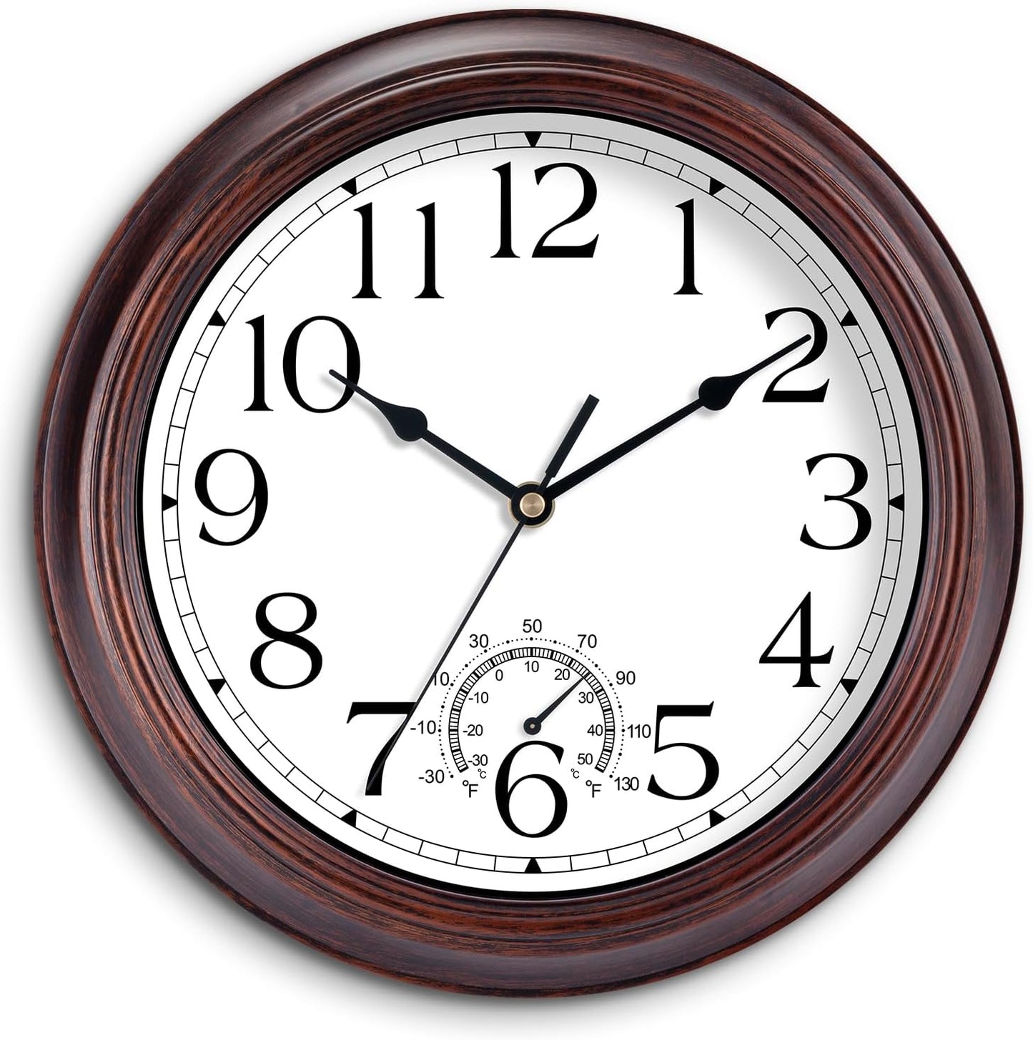 12 Inch Outdoor Wall Clock with Thermometers, Vintage Silent Wall Clocks Battery Operated, Retro Non-Ticking Clock Decorative for Living Room, Patio, Kitchen, Office, Bathroom, Bedroom(Bronze)