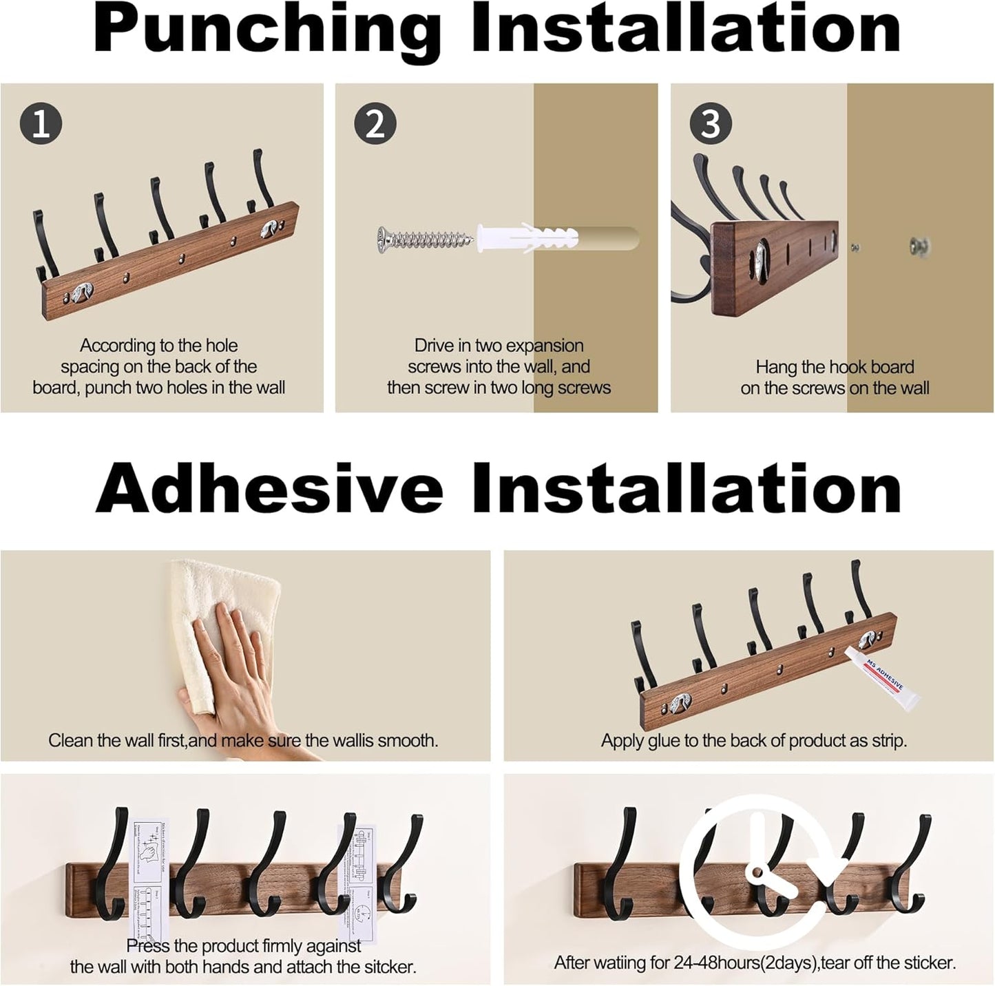 17.3" Small Wooden Coat Rack Wall Mount with 5 Hooks, Entryway Wall Hooks Coat Hanger for Hanging Towel Jacket Clothes Hat Backpack Shoe Purse Key Holder Multi Hook Rail by Black Walnut Wood