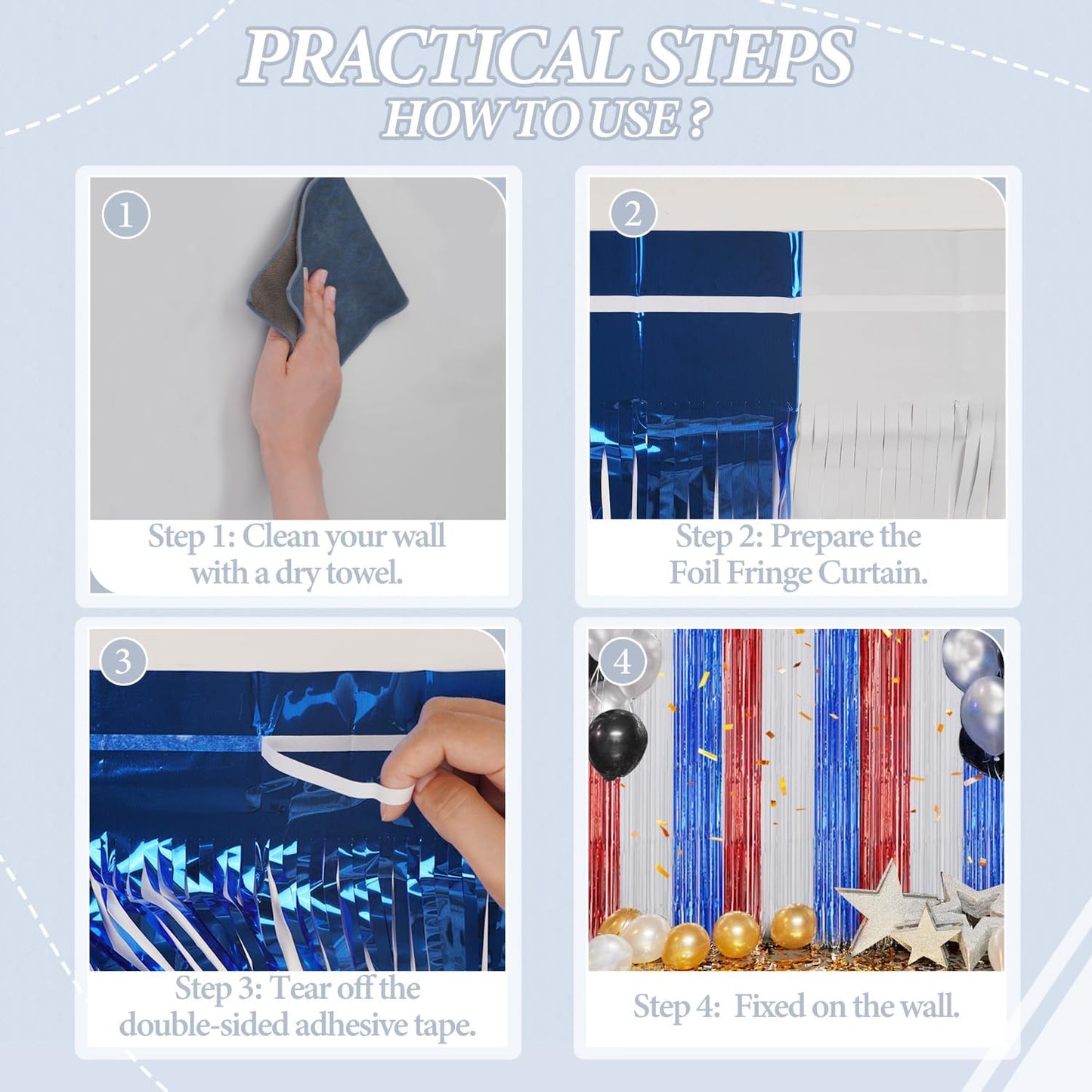 3 Pack Foil Fringe Backdrop - Red&White&Blue Shiny Tinsel Curtains for Party Decoration/Photo Booth Props - 3.3x8.2 FT Metallic Foil Backdrop for Birthday, Wedding, Graduation, Christmas.