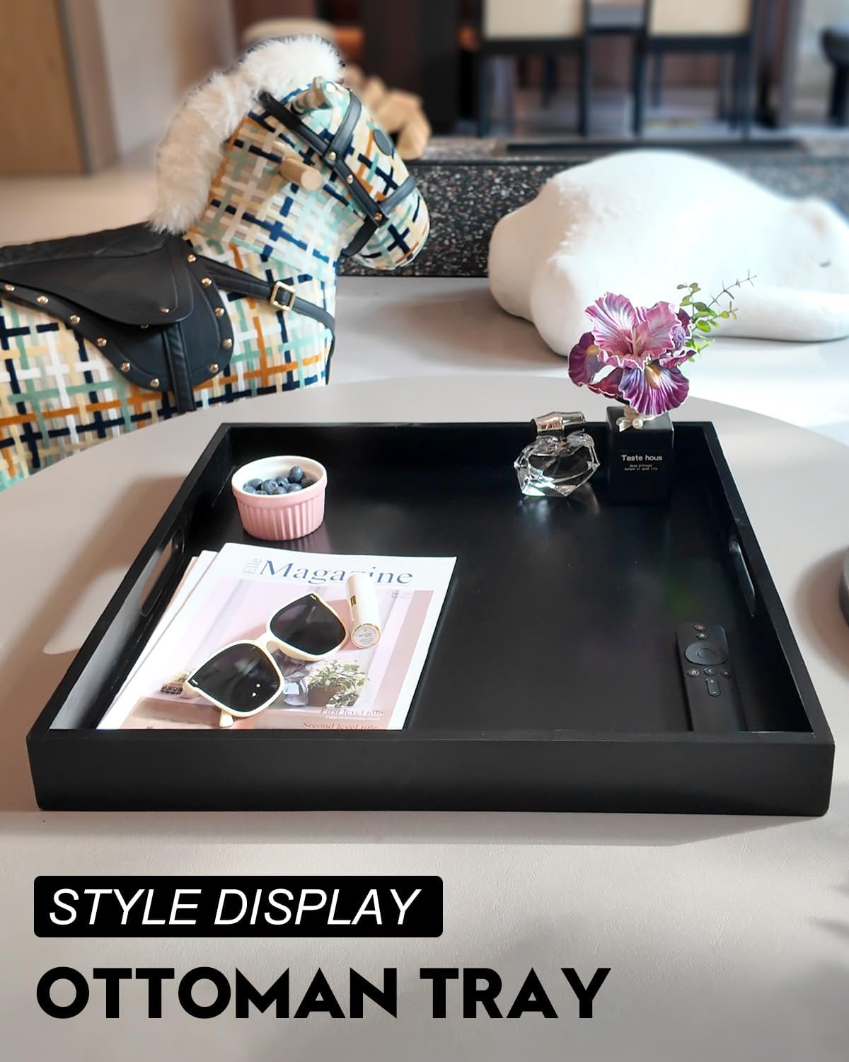 22 Inches Square Wood Ottoman Tray Black, Extra Large Wooden Serving Tray with Handles for Living Room, Serving Food Breakfast, Ottoman Coffee Table Couch Sofa Kitchen