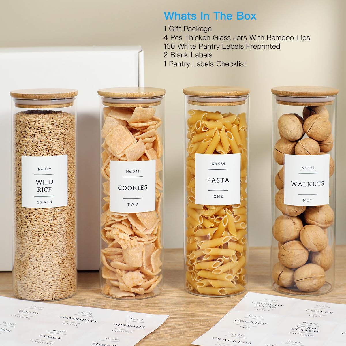 4 Pack Glass Jar with Airtight Wood Lid and White 132 Kichen Pantry Labels Preprinted - 38 Oz Clear Round Glass Food Storage Containers set For Cereal Rice Sugar