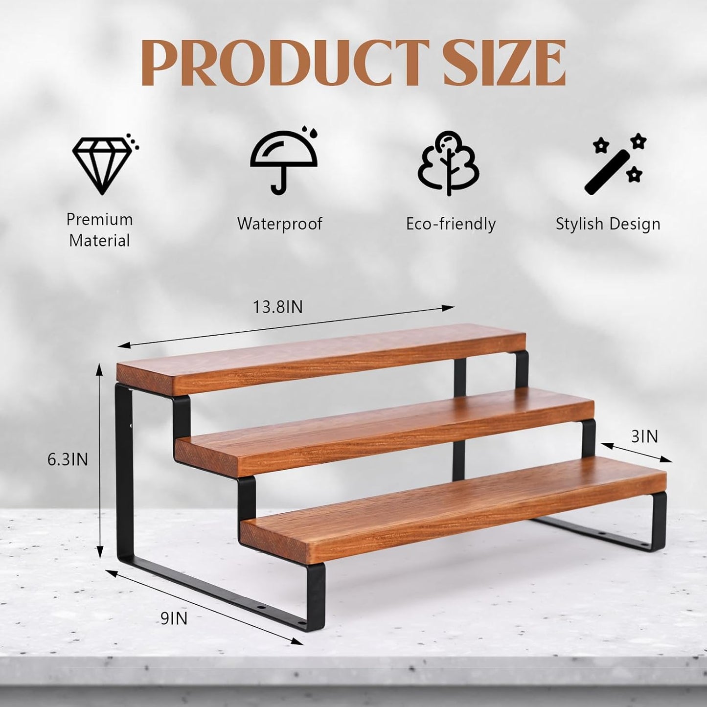 3 Tier Wooden Display Riser Stand Perfume Organizer with Metal Stand, Dessert Table Display Set, Food Display Stands for Party, Brown Rustic Solid Wood Shelf for Cupcakes, Perfume, Cologne, Spiece