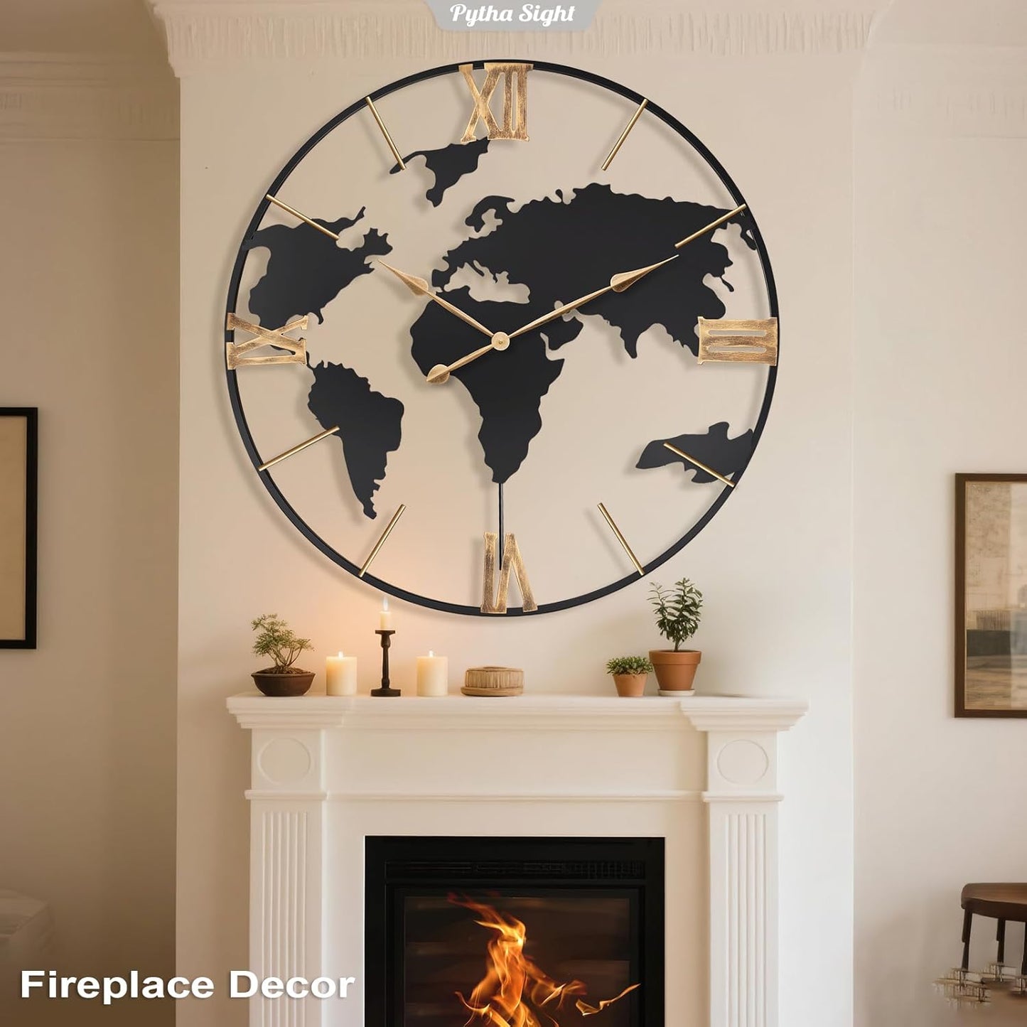 36 Inch Oversized Giant Extra Large Modern Decorative Metal World Map Wall Clock,Big Vintage Gold Roman Numeral Wall Clocks for Living Room,Entryway,Office,Fireplace,Dining Room