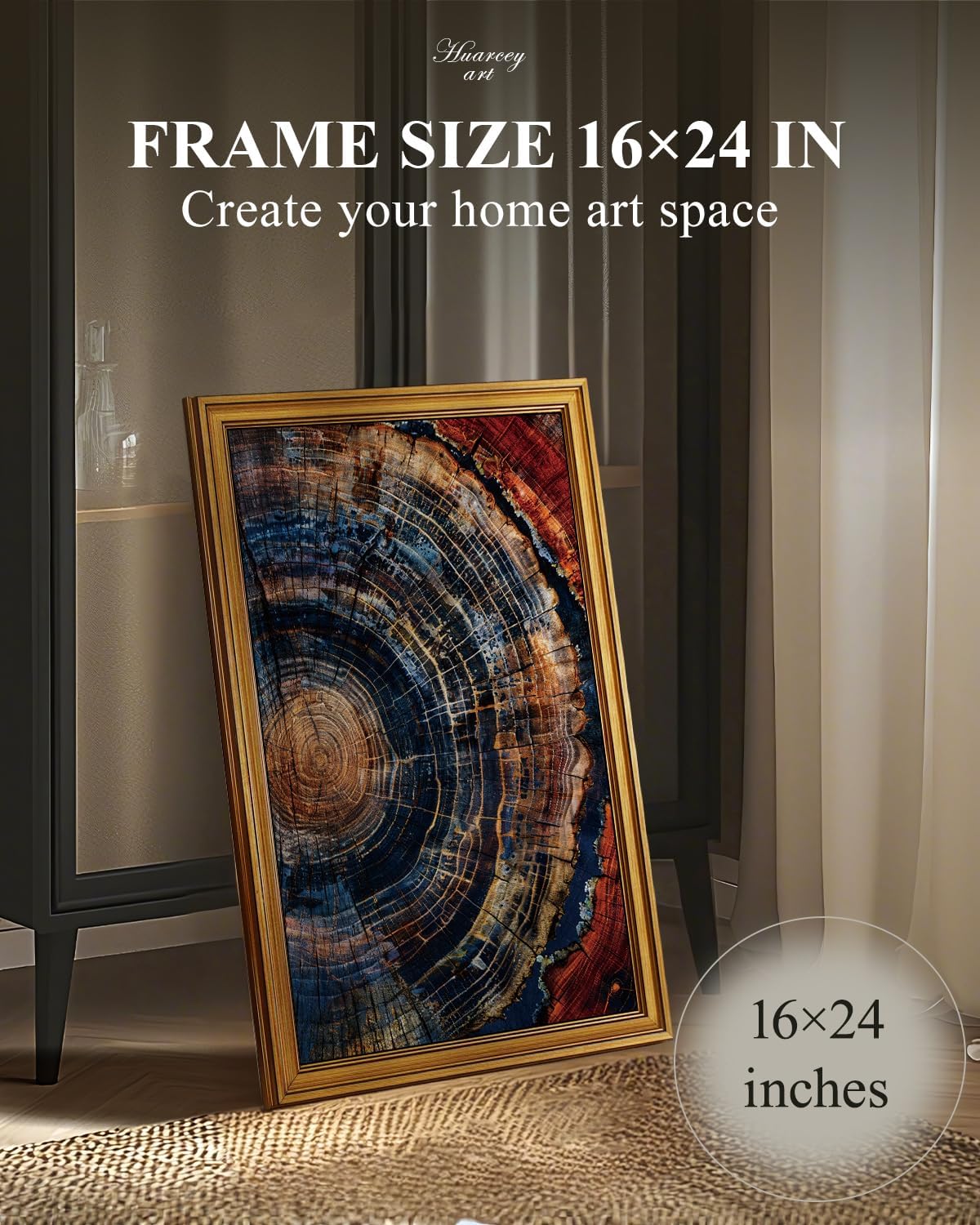 HUARCEY Gold Framed Vintage Wall Deocr for Living Room, Tree Rings Art Abstract Wood Grain Texture Bathroom Art Large Canvas Print Nature Inspired Farmhouse Pictures for Study Office Bedroom 16"x24"